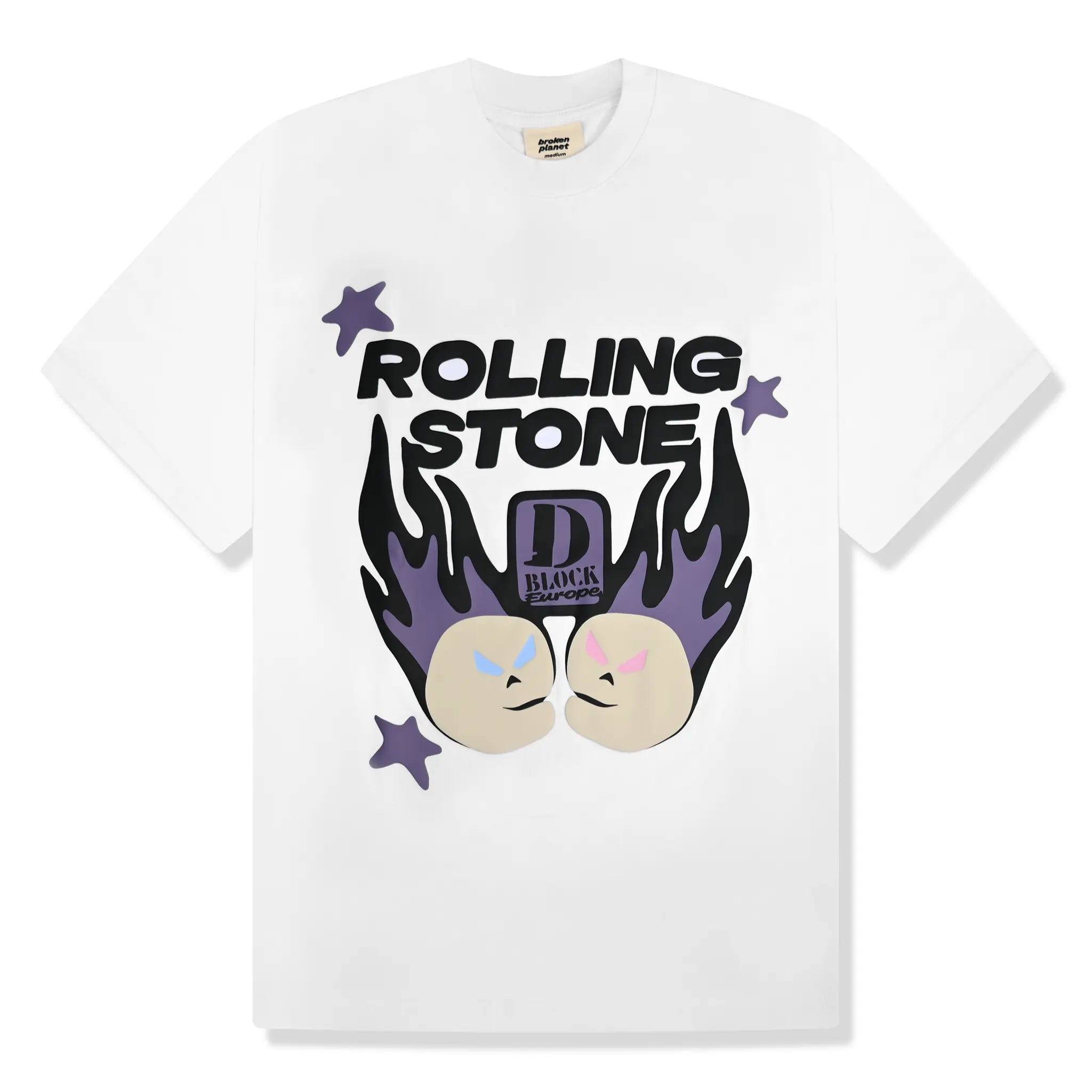 Front view of Broken Planet D Block Rolling Stones Bone White T Shirt BP-BS-TS-H_GREY