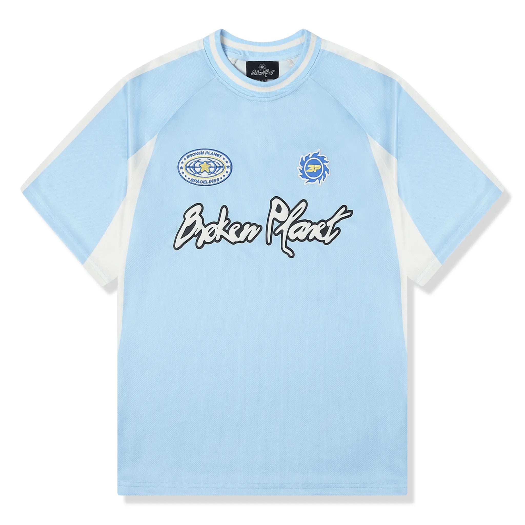 Front view of Broken Planet Light Blue Football Jersey