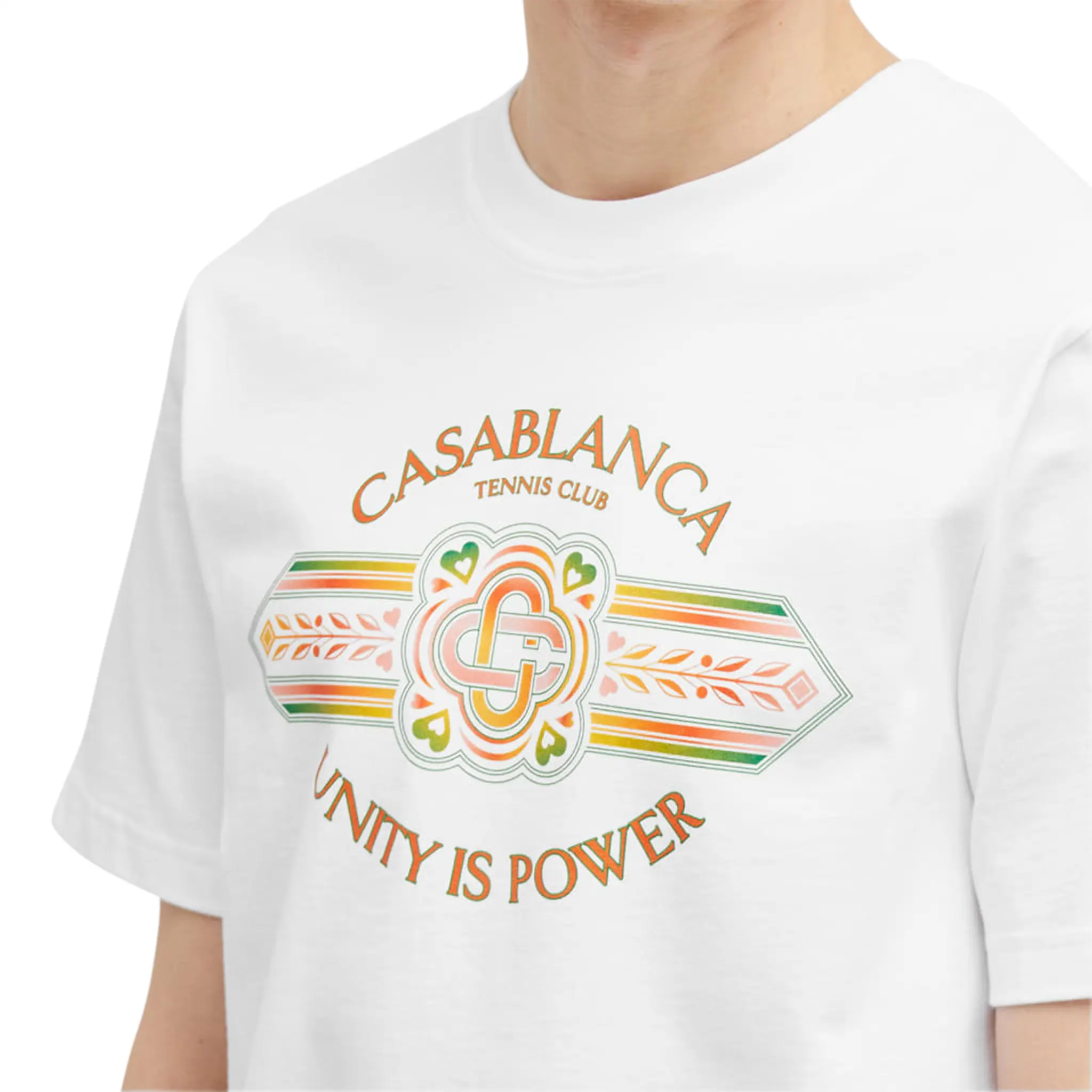 Detail view of Casablanca Unity Is Power White T Beachwear Shirt MS24-JTS-001-12