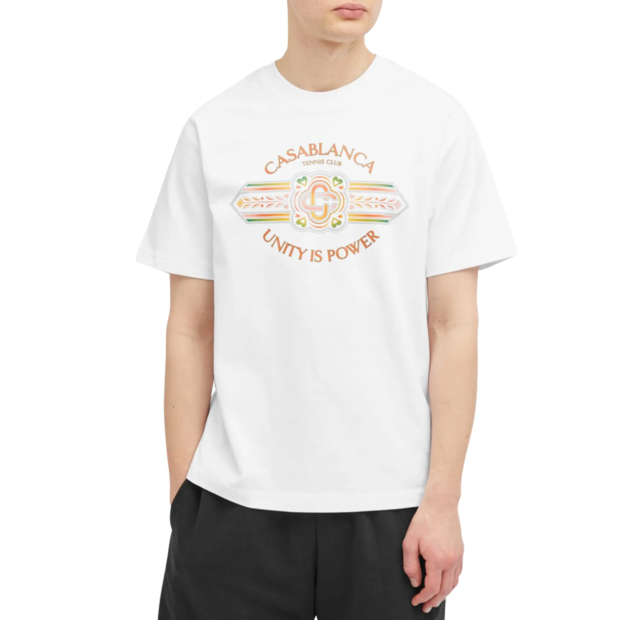 Model front view of Casablanca Unity Is Power White T Beachwear Shirt MS24-JTS-001-12