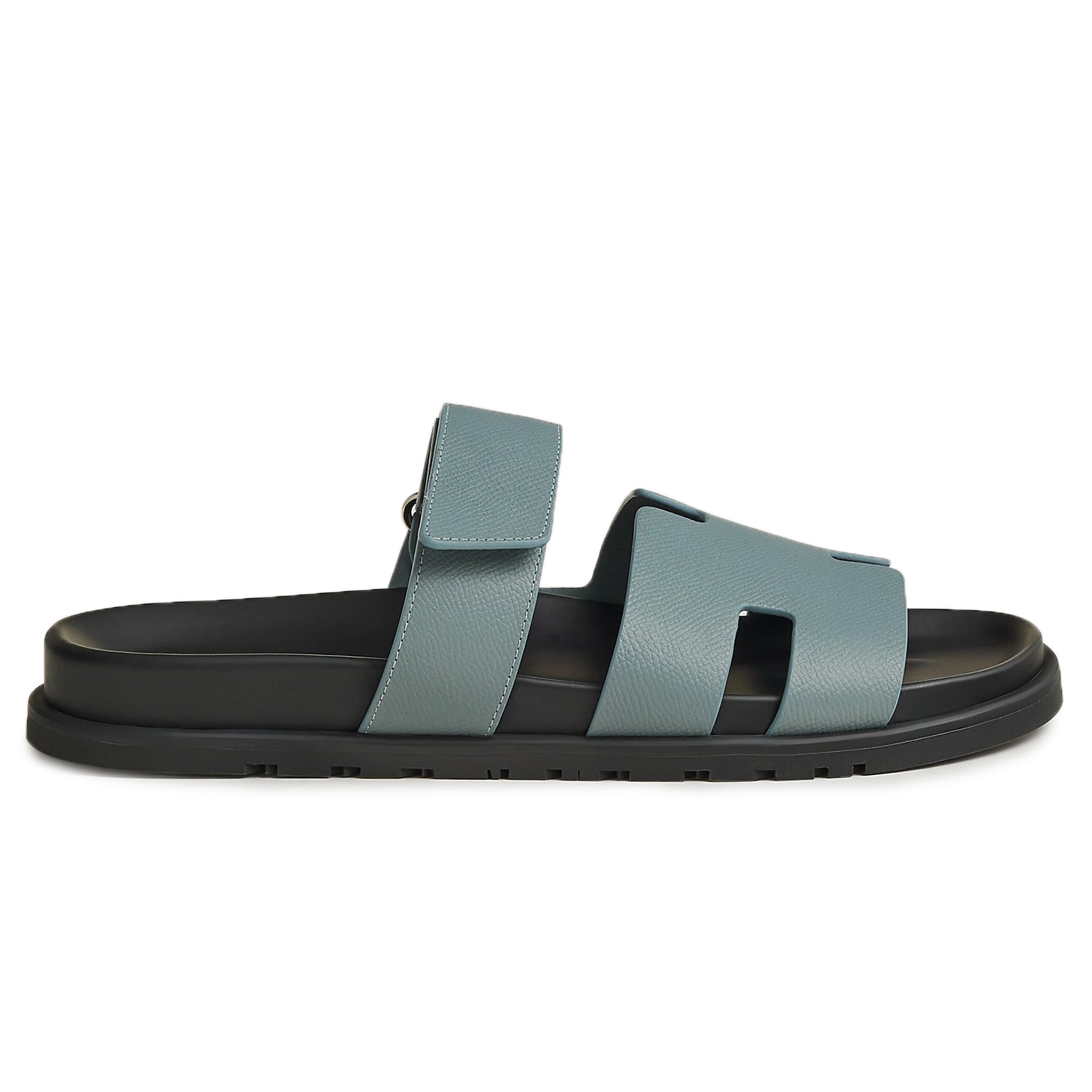 Side view of Hermes Paris Chypre Leather Sandal Antarctic Grey H222857ZHGT420