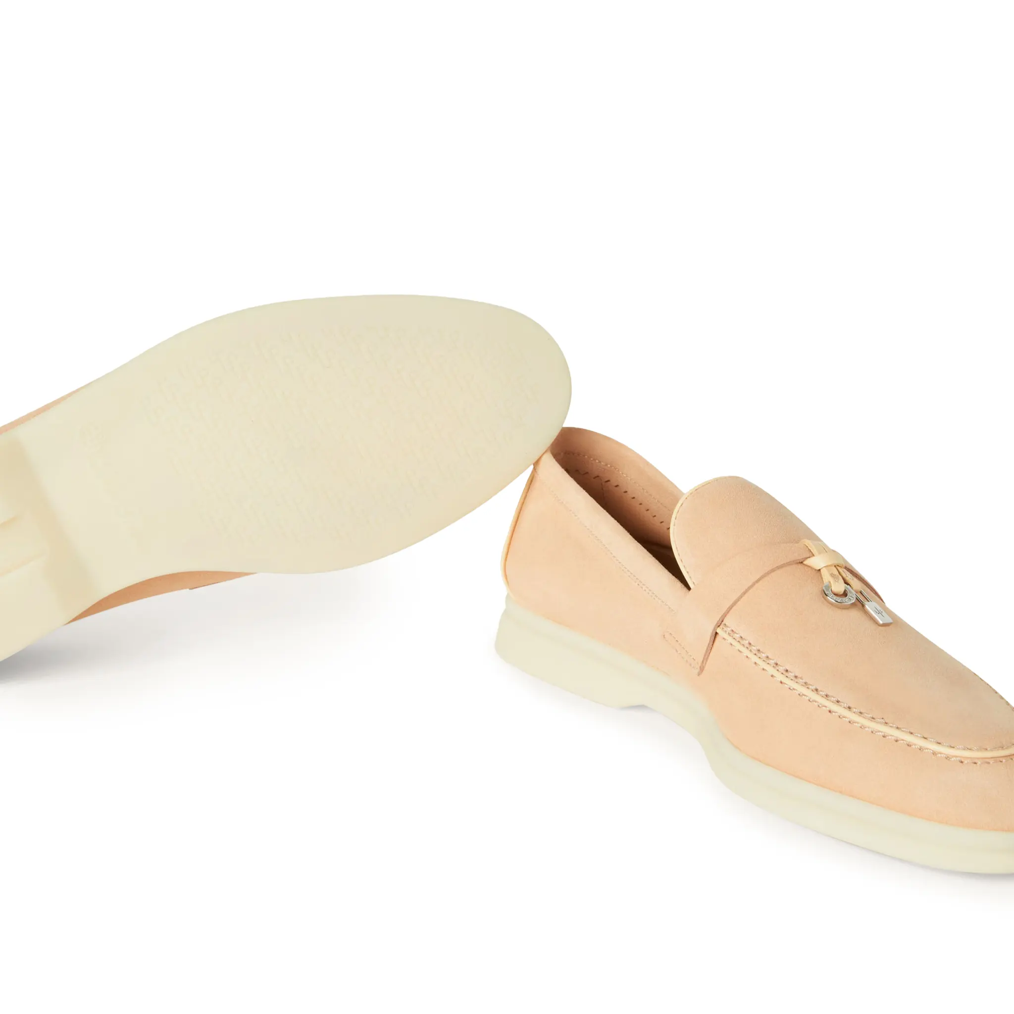 Detail view of Loro Piana Summer Charms Walk Suede Goatskin Pink Reef Loafers FAL5899
