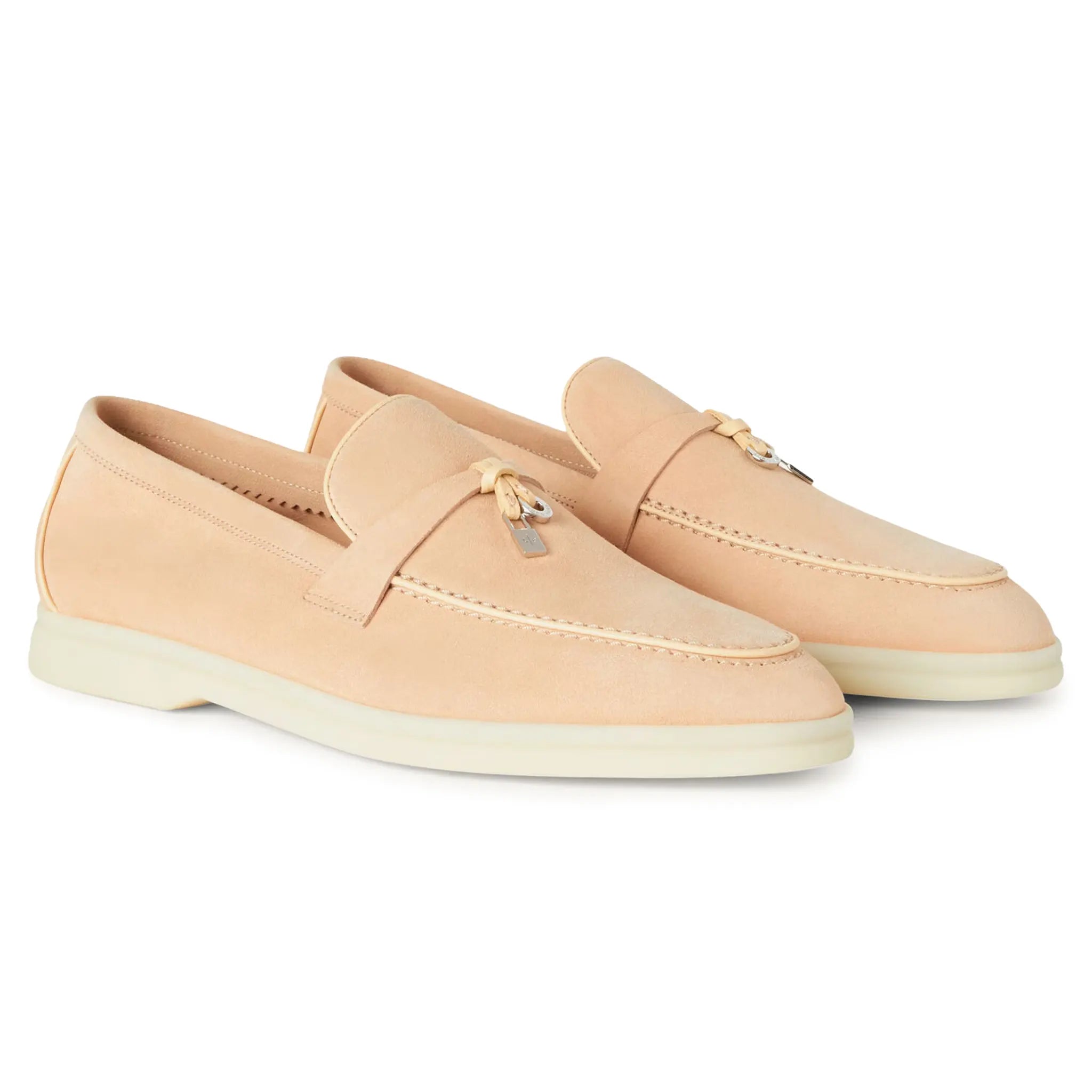 Pair view of Loro Piana Summer Charms Walk Suede Goatskin Pink Reef Loafers FAL5899