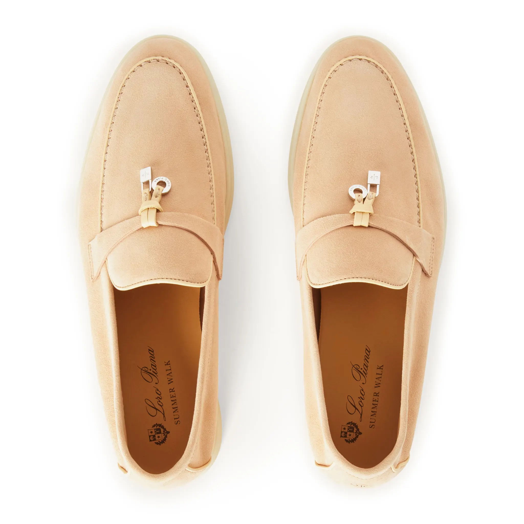 Top view of Loro Piana Summer Charms Walk Suede Goatskin Pink Reef Loafers FAL5899