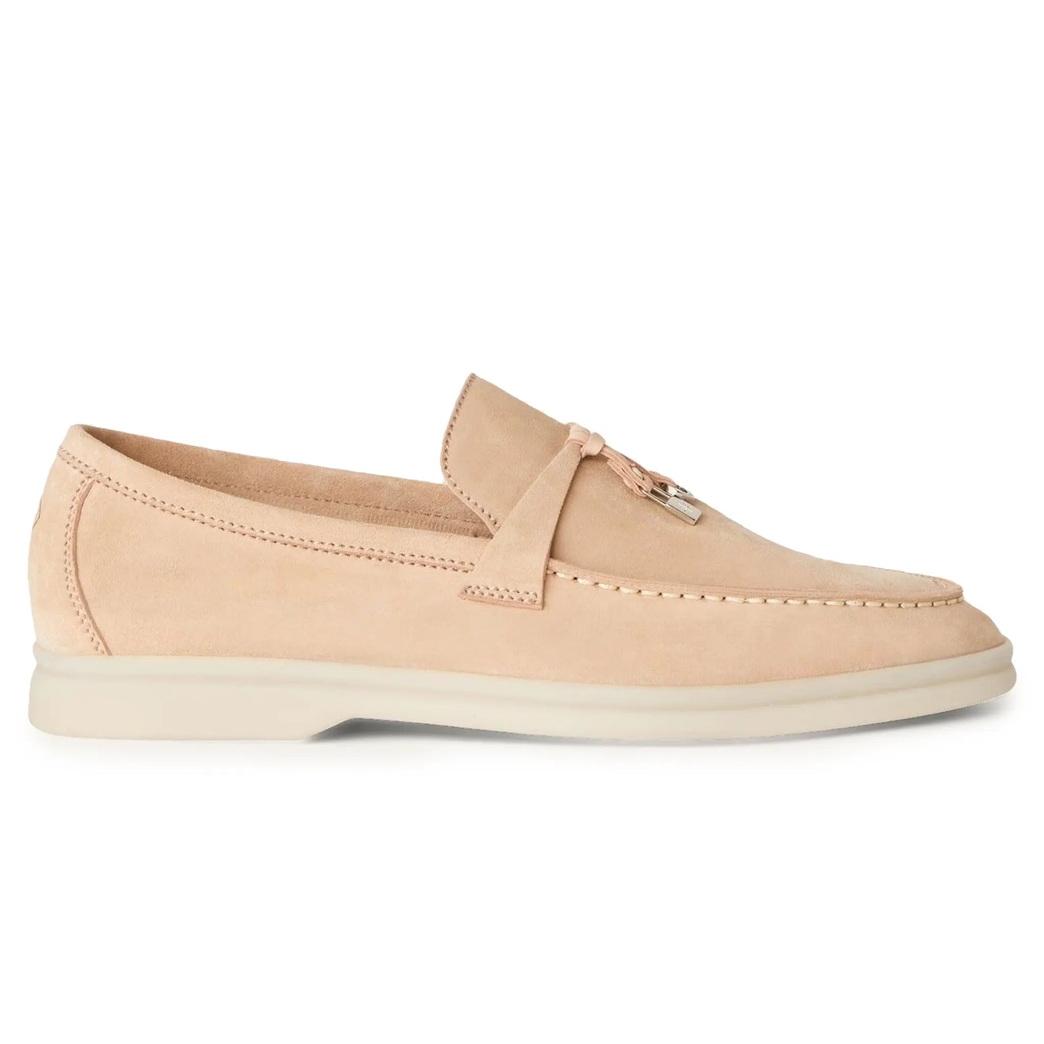 Side view of Loro Piana Summer Charms Walk Suede Goatskin Pink Sand Loafers FAE5444