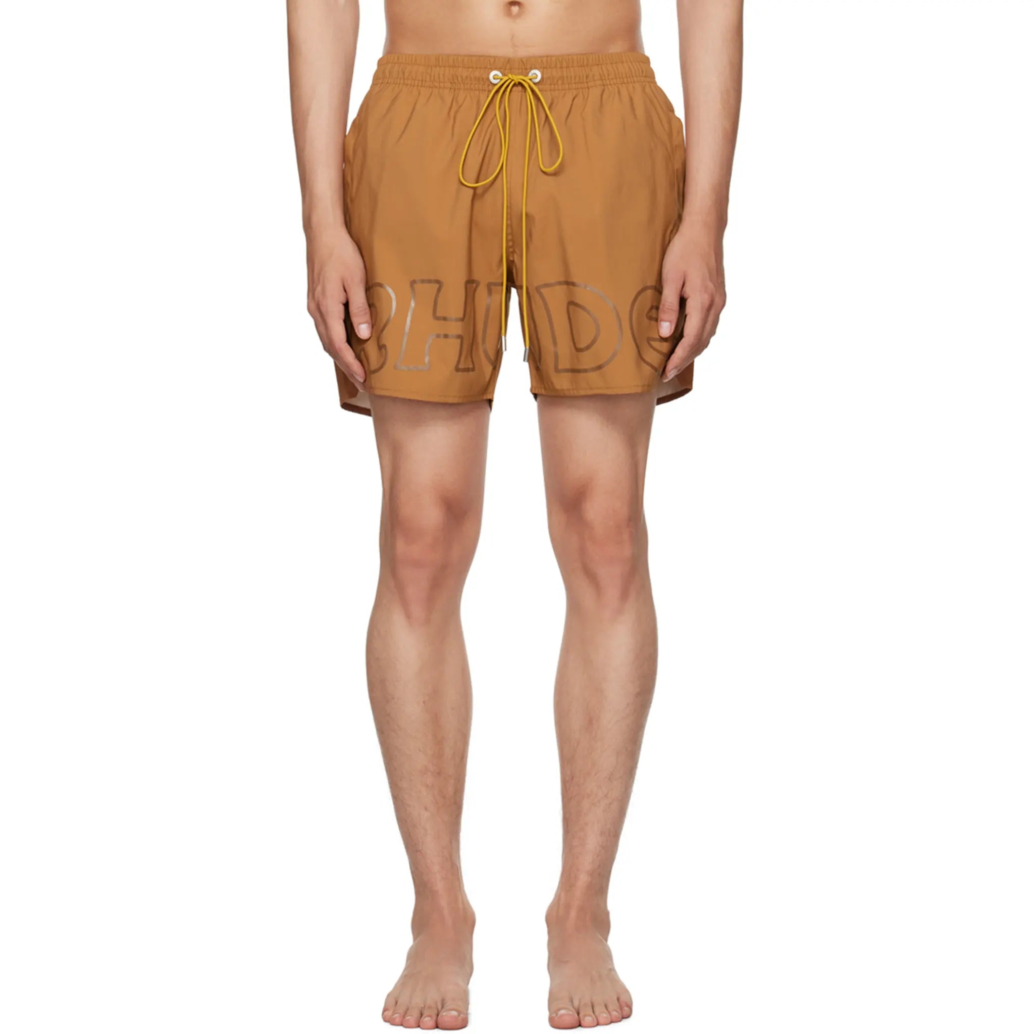 Model front view of Rhude Logo Swim Shorts Camel RHPF23SM01169003