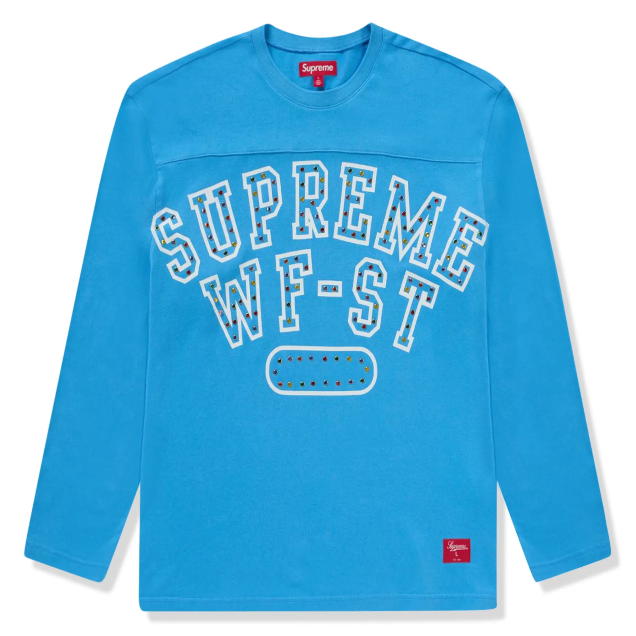 Front view of Supreme Athletic Studded L/S Blue T Shirt FW24KN80 BLUE