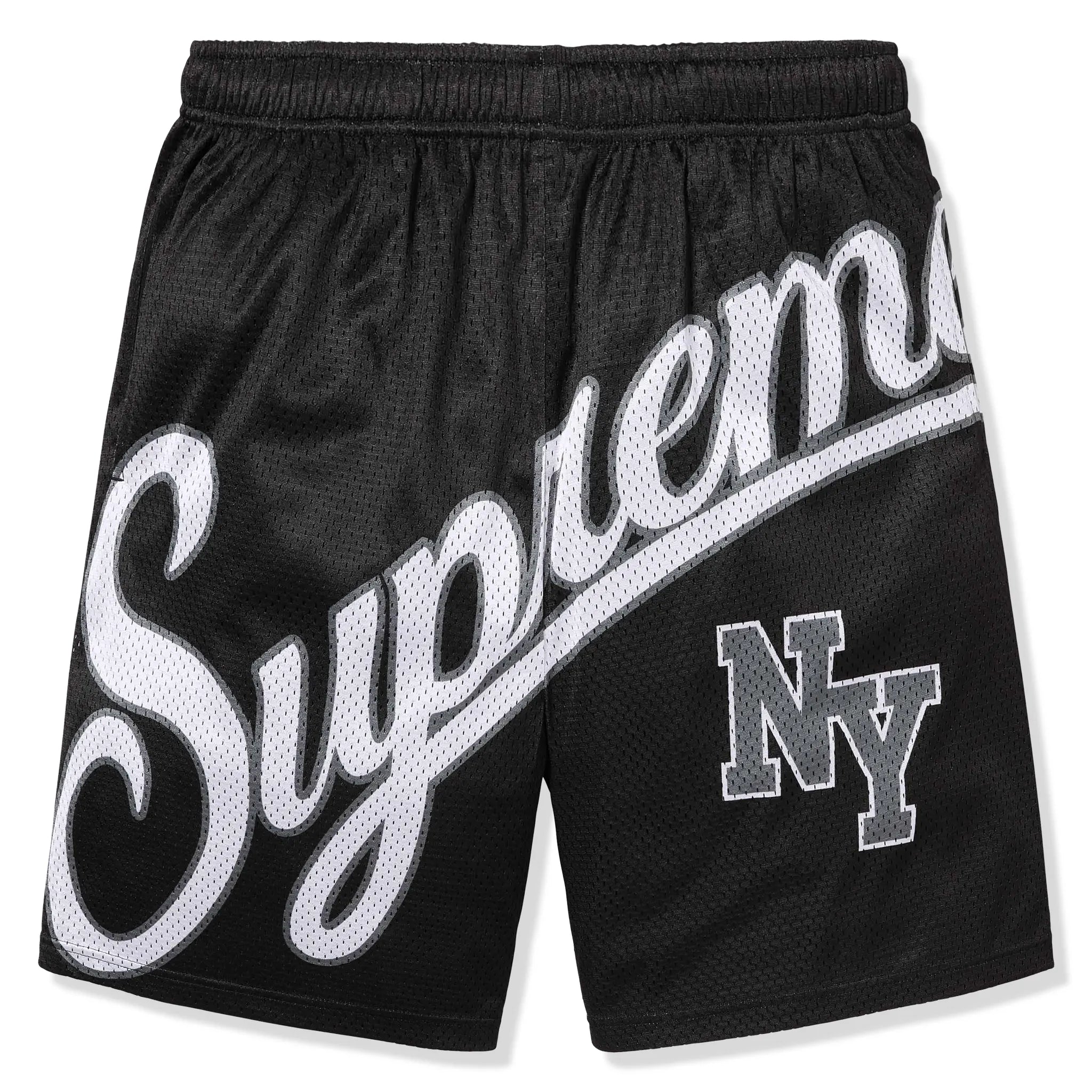 Front view of Supreme Big Script Mesh Black Shorts