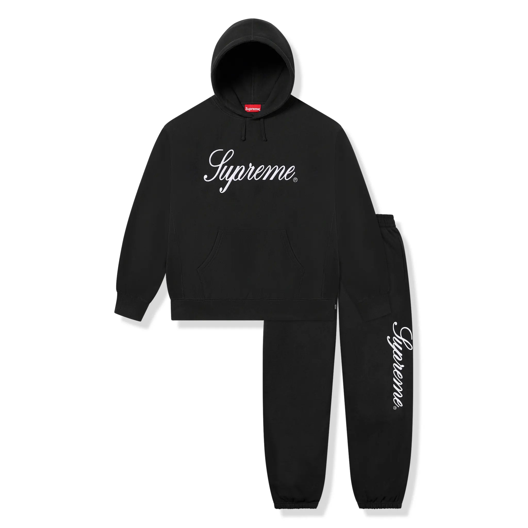 Front view of Supreme Raised Script Black Sweatpants & Hoodie 