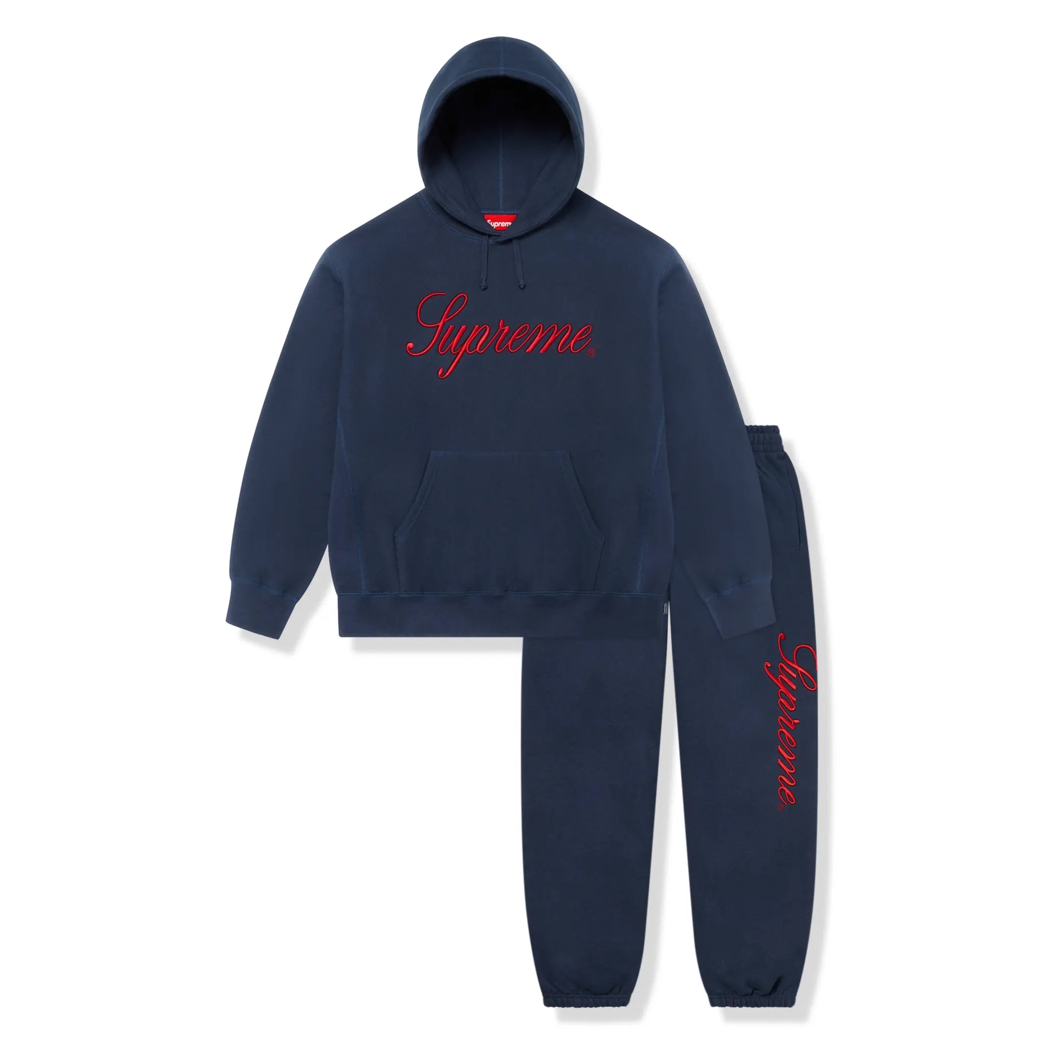 Front view of Supreme Raised Script Navy Sweatpants & Hoodie FW24T43 NAVY