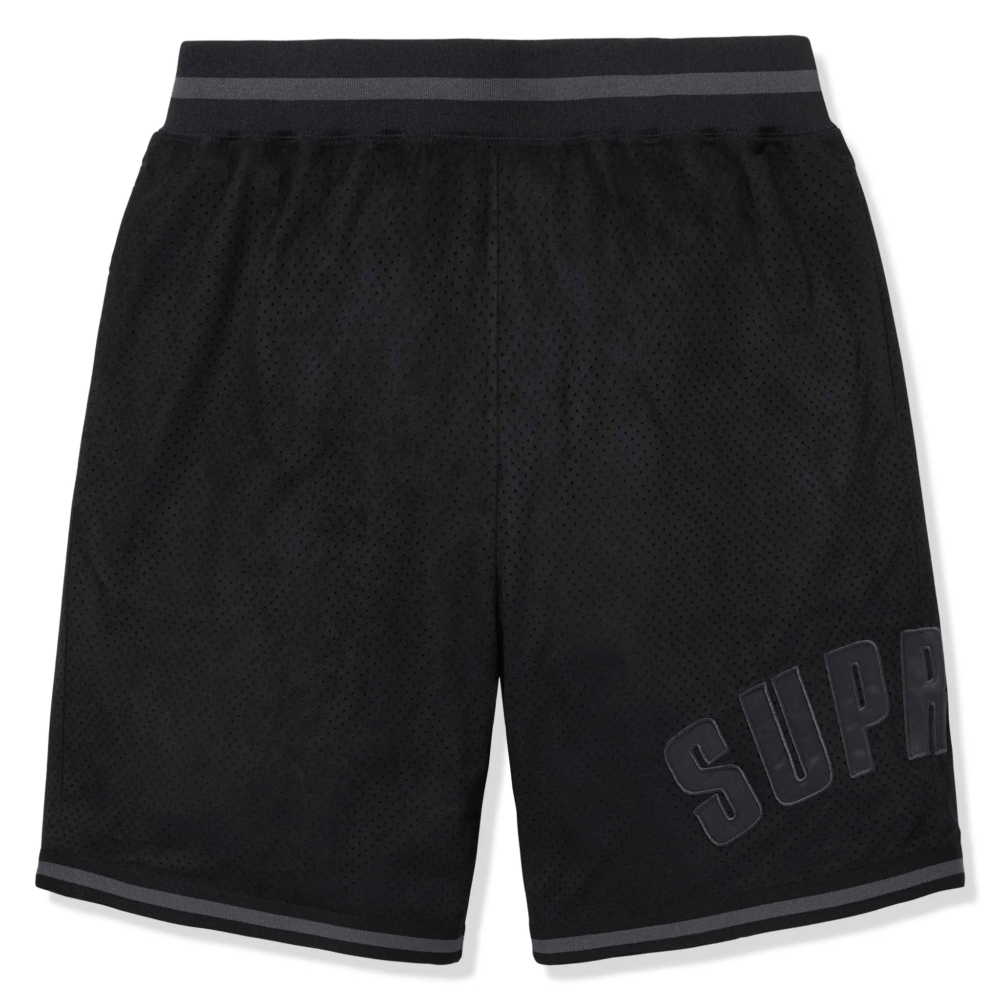 Front view of Supreme Ultrasuede Mesh Baseball Black Shorts