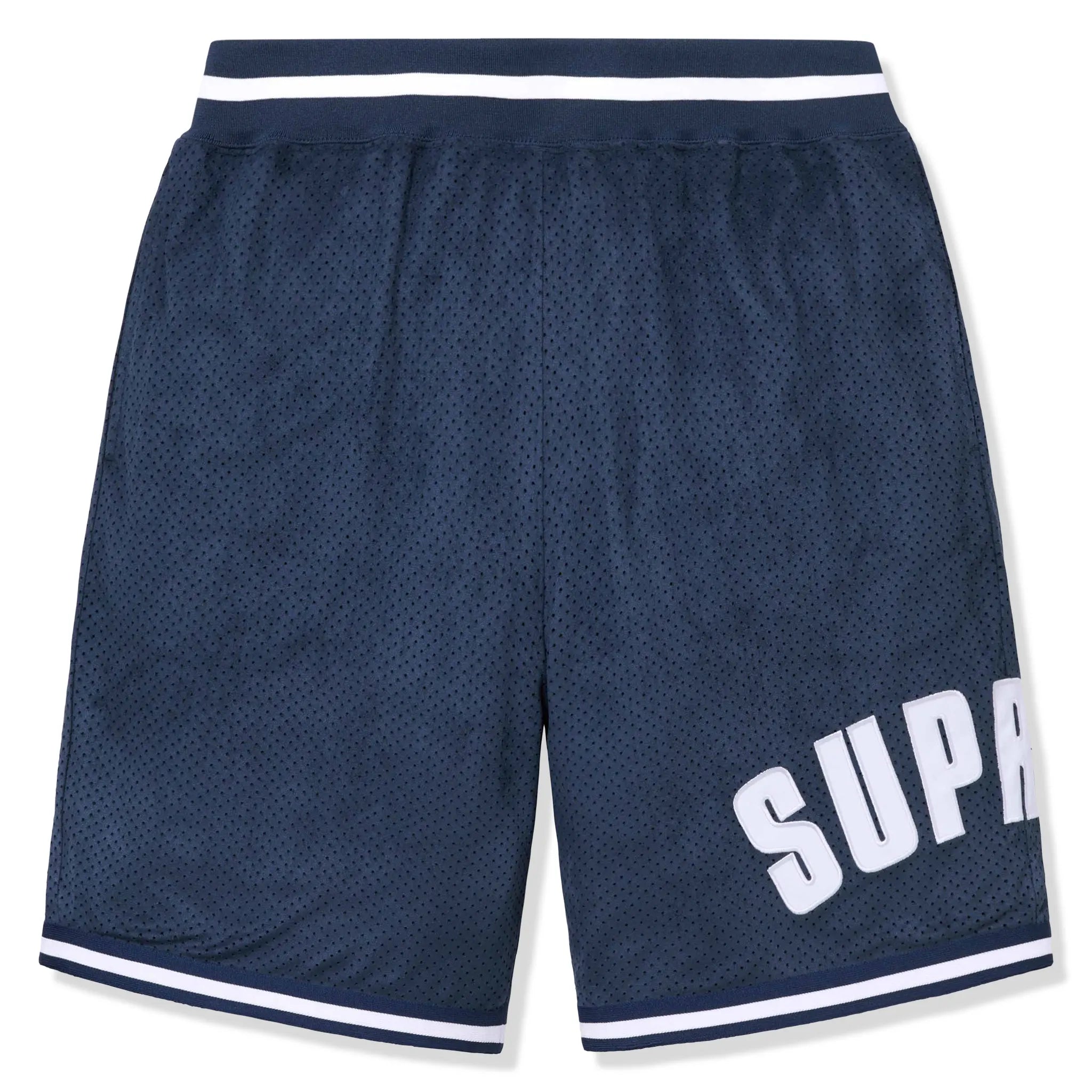 Front view of Supreme Ultrasuede Mesh Baseball Navy Blue Shorts