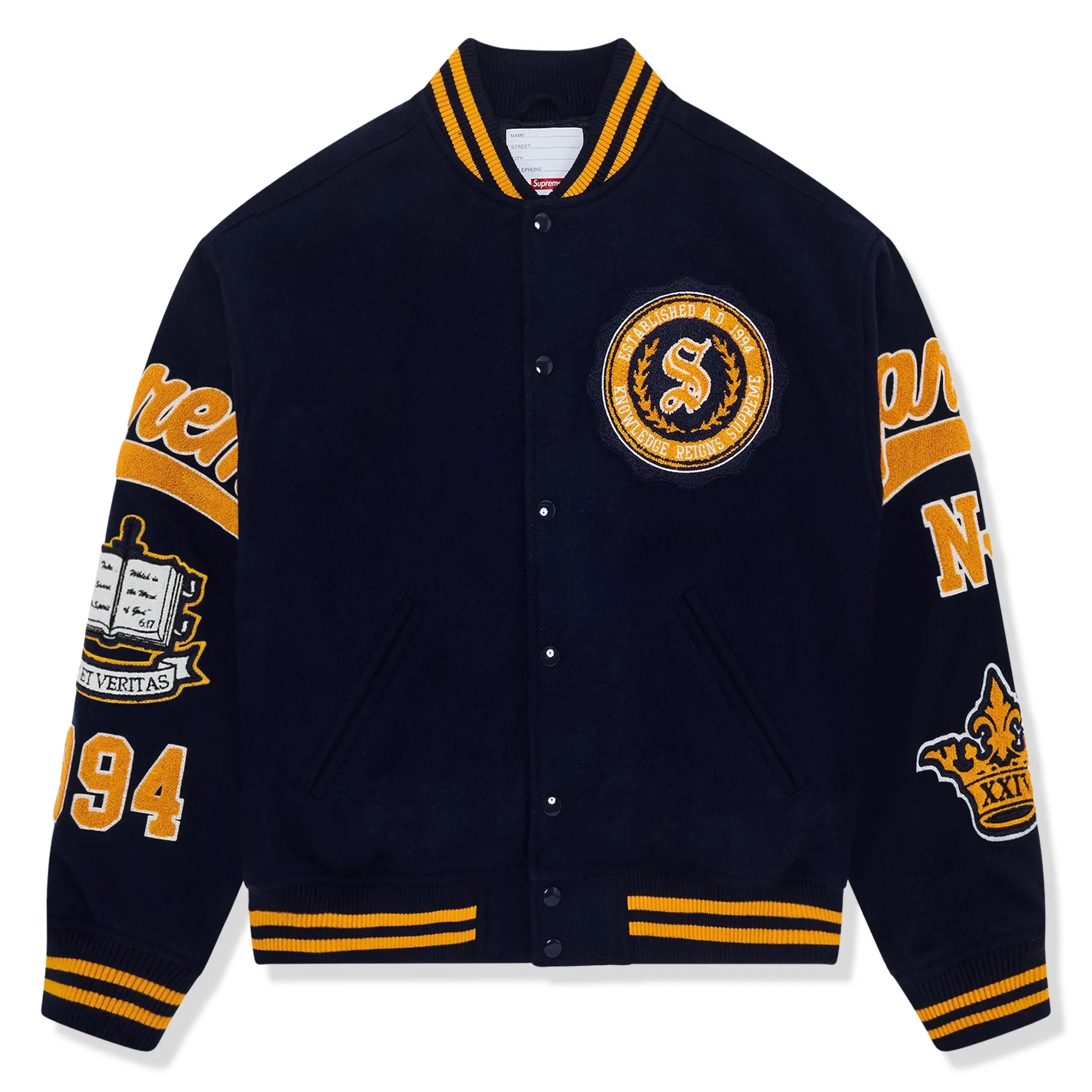 Front view of Supreme Veritas Varsity Jacket Navy FW24J44 NAVY 