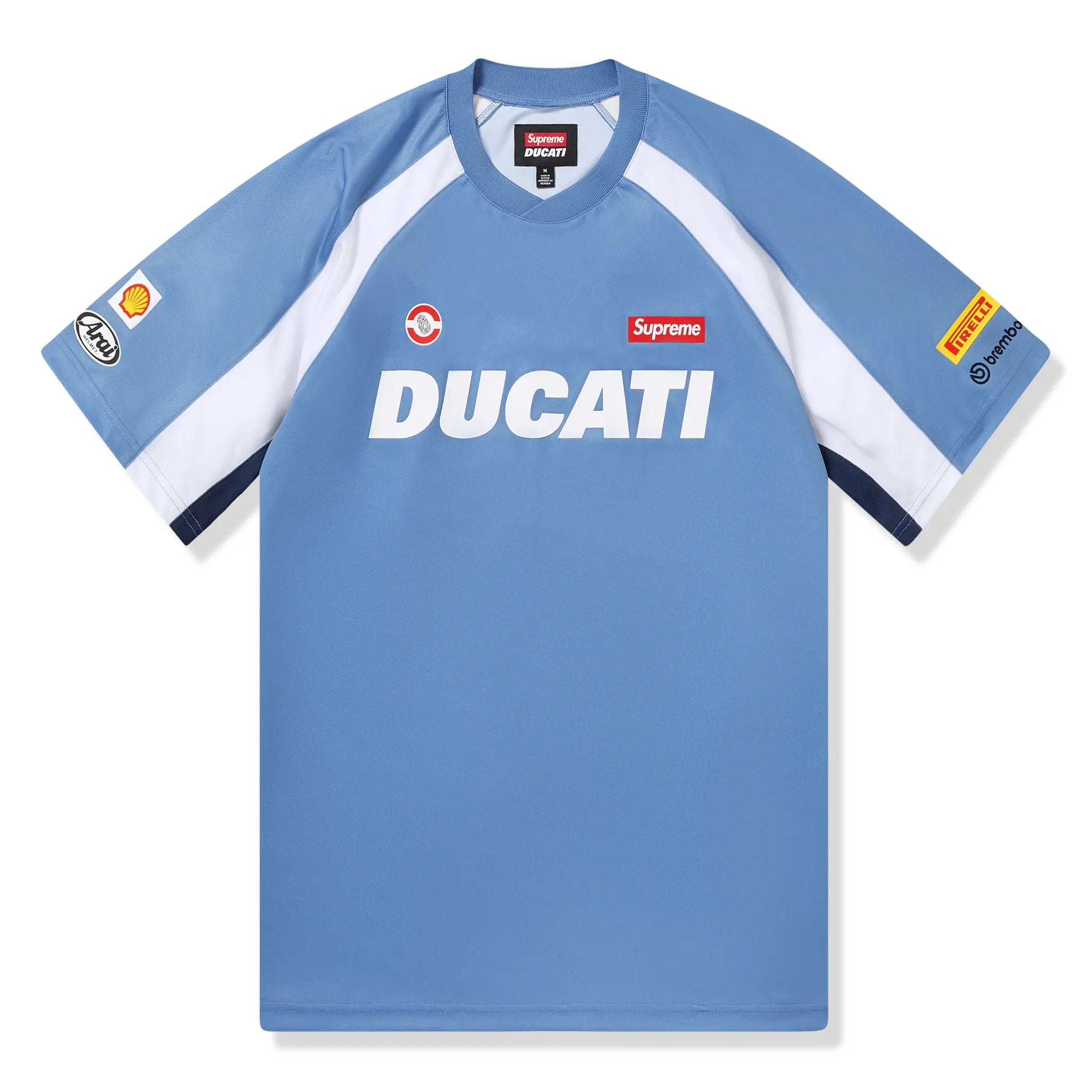 Front view of Supreme x Ducati Soccer Blue Jersey