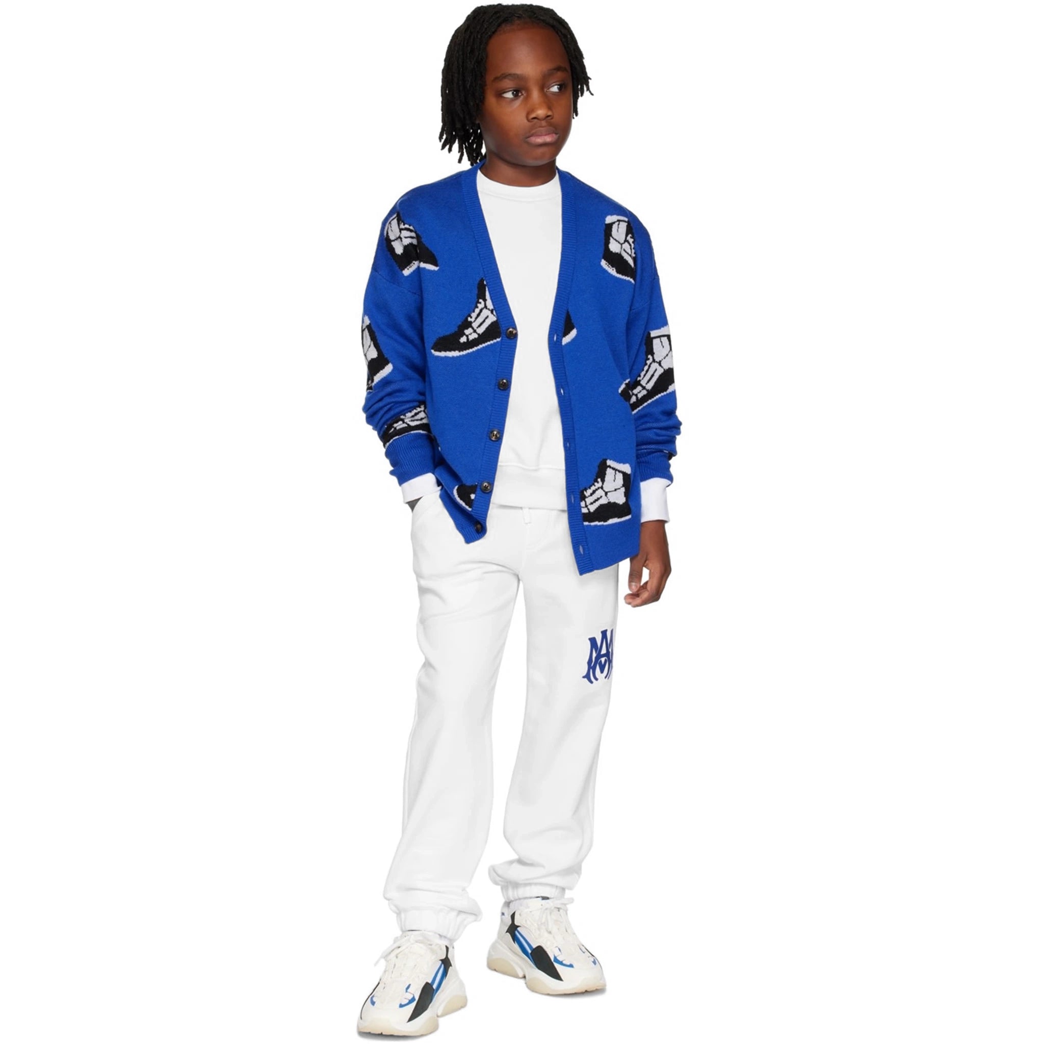 Model front view of Amiri Kids MA Core Logo White Sweatpants