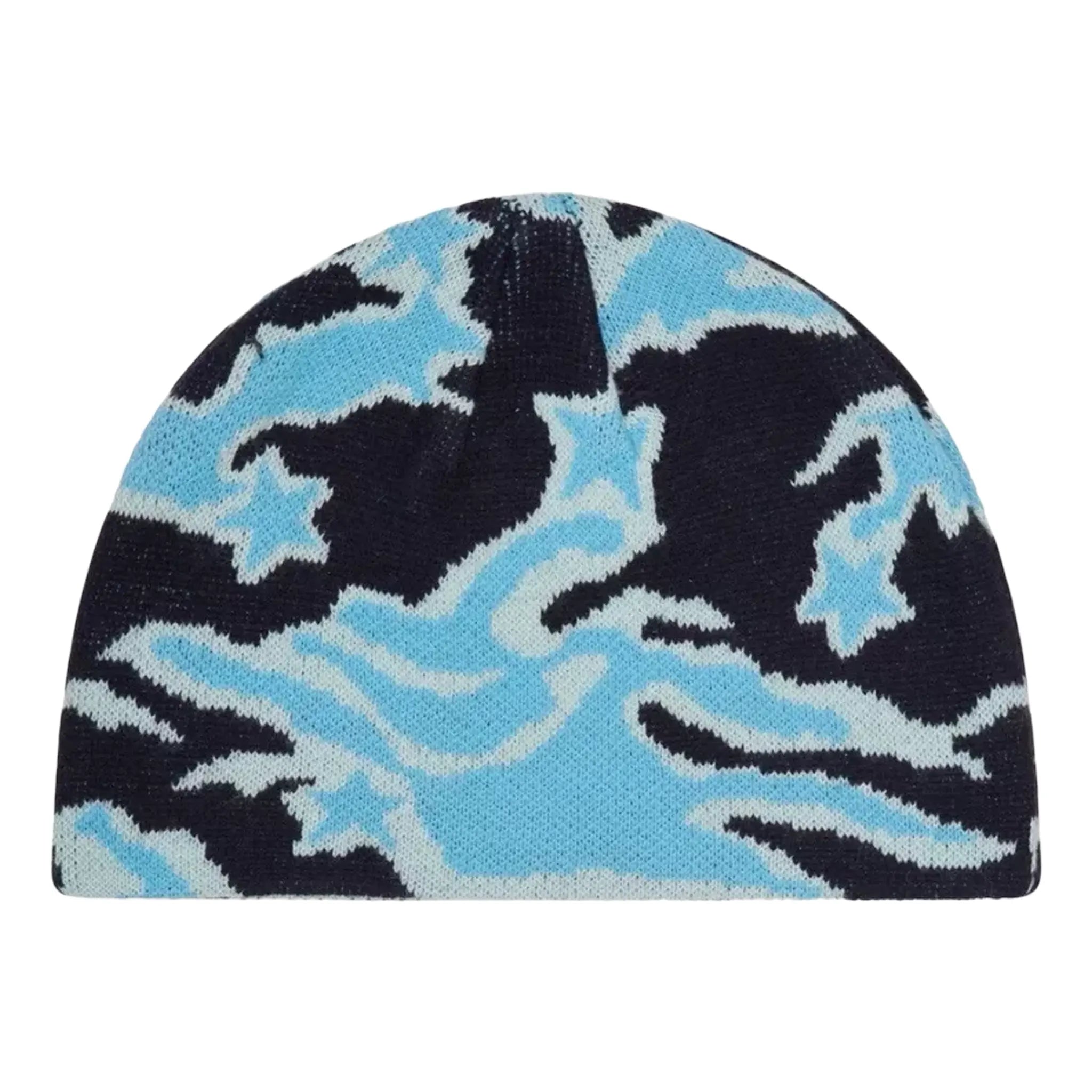Back view of Broken Planet Star Camo Blue Beanie