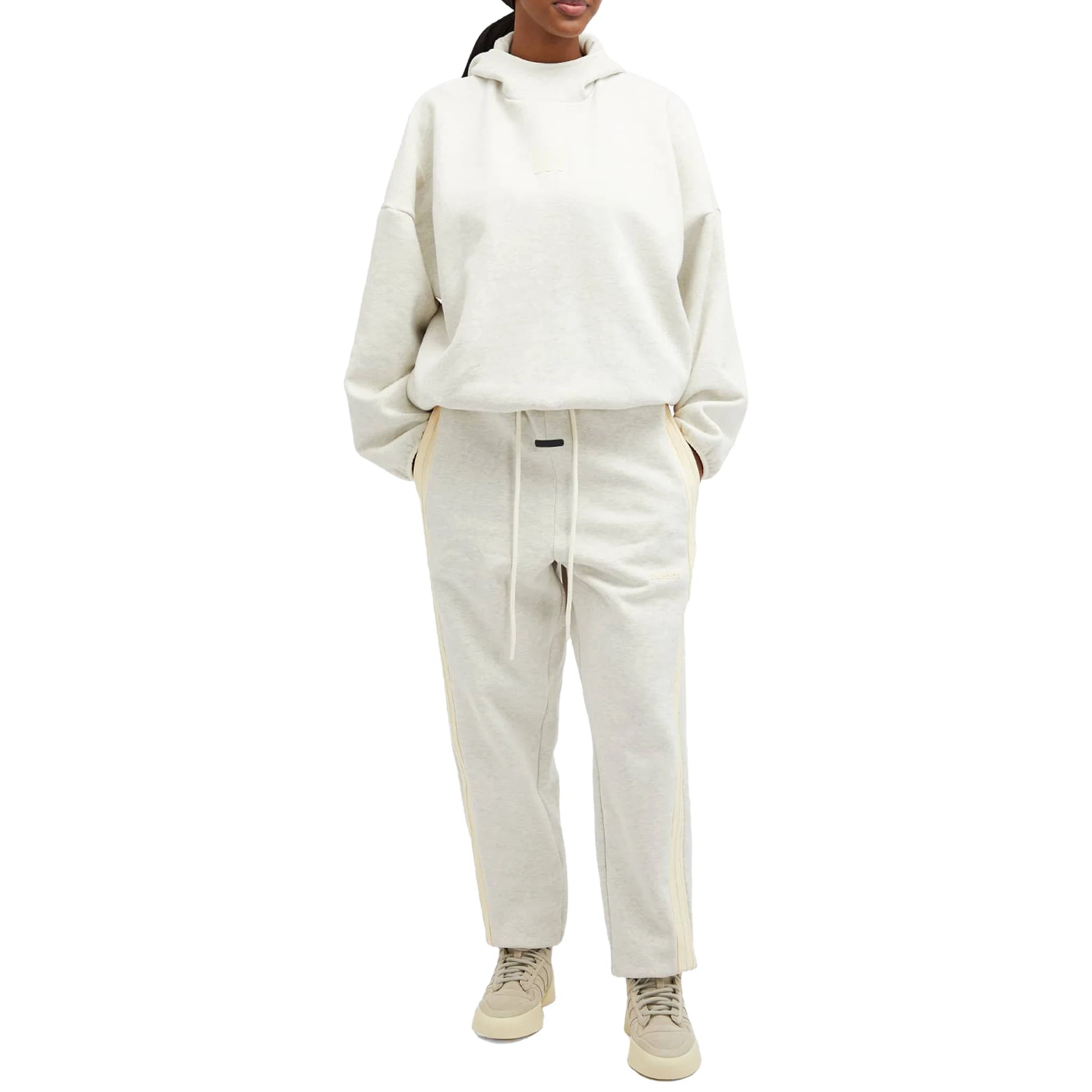 Model front view of Adidas x Fear of God Athletics Heavy Fleece Oatmeal Heather Sweatpants 