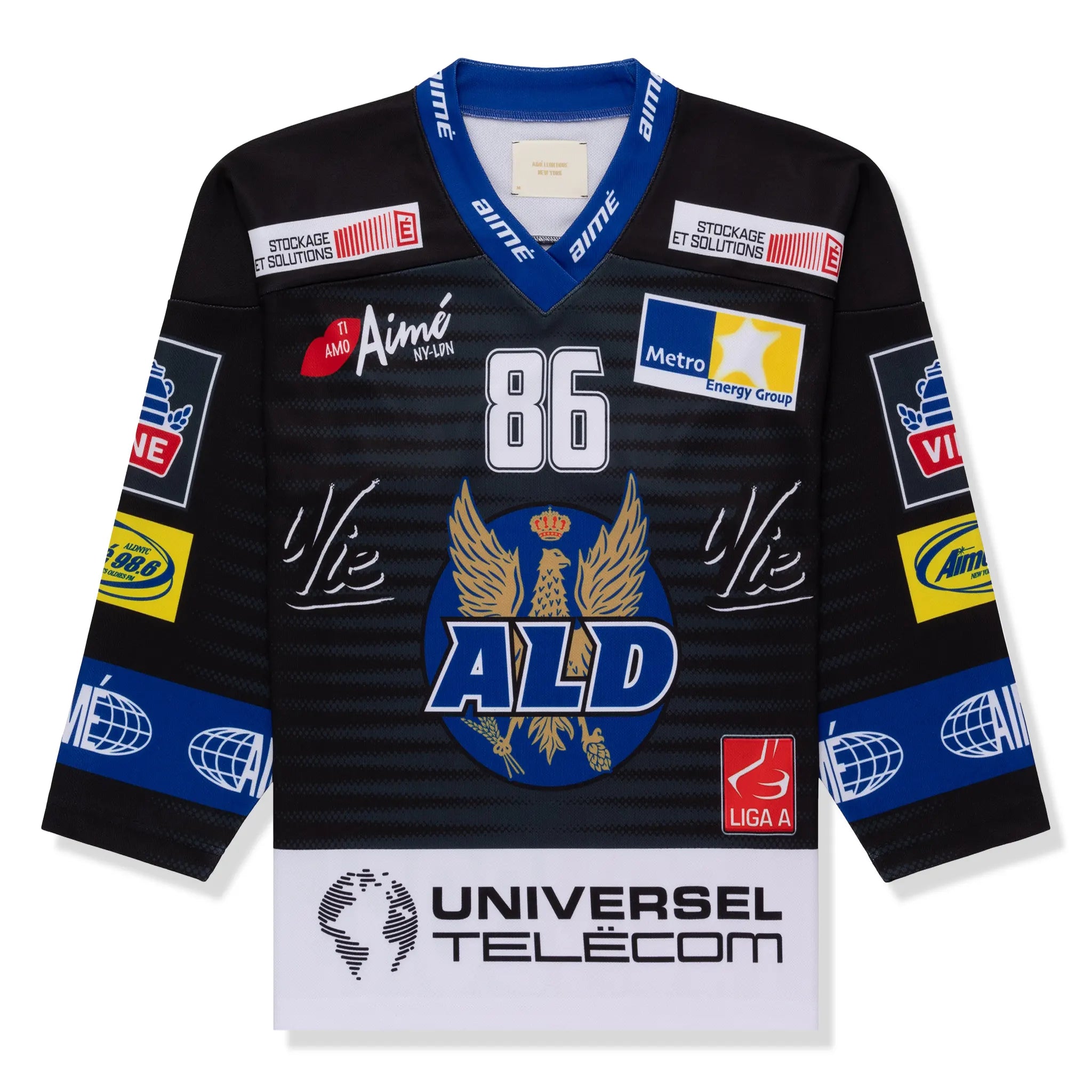 Front view of Aime Leon Dore Black Team Hockey Jersey 