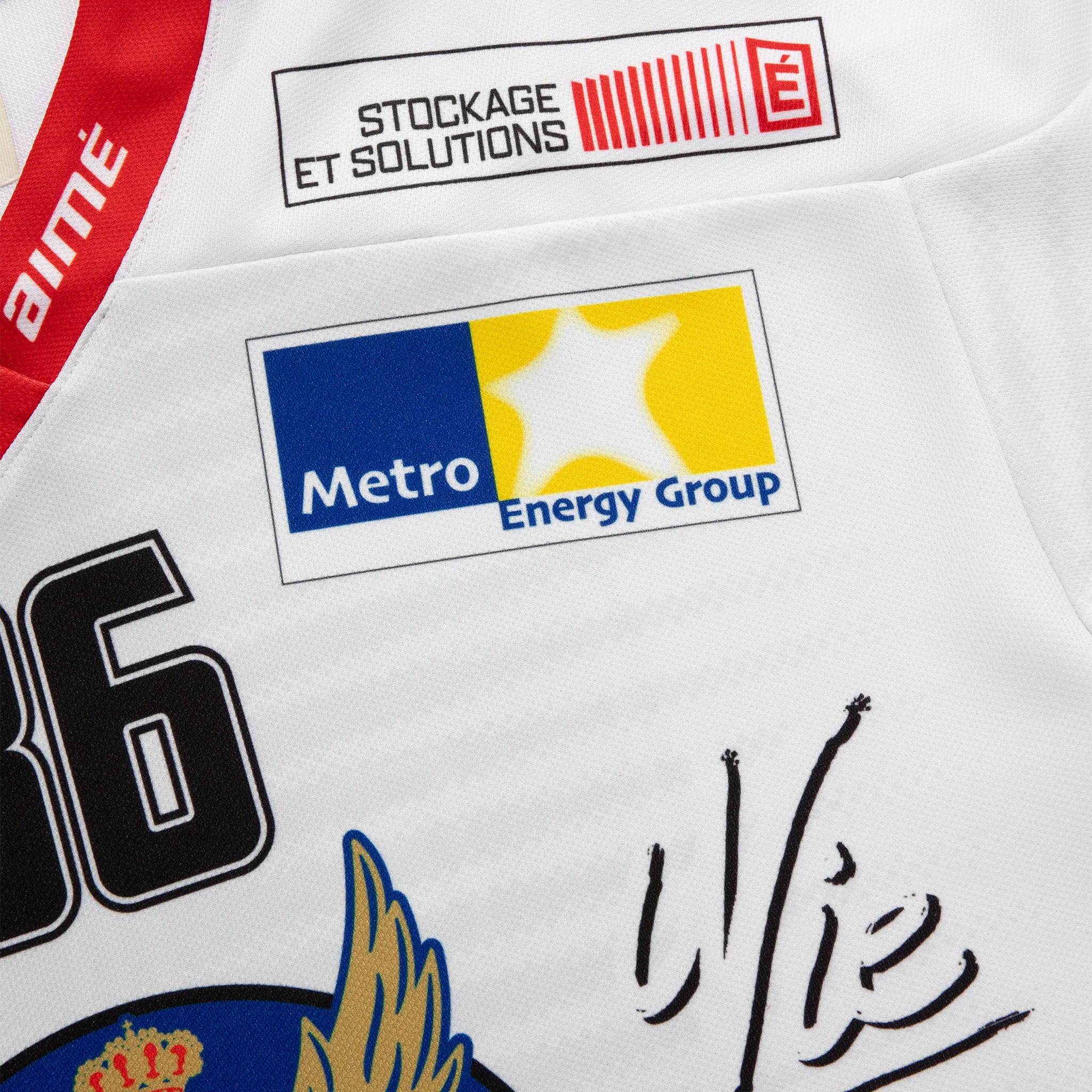 Detail view of Aime Leon Dore White Team Hockey Jersey