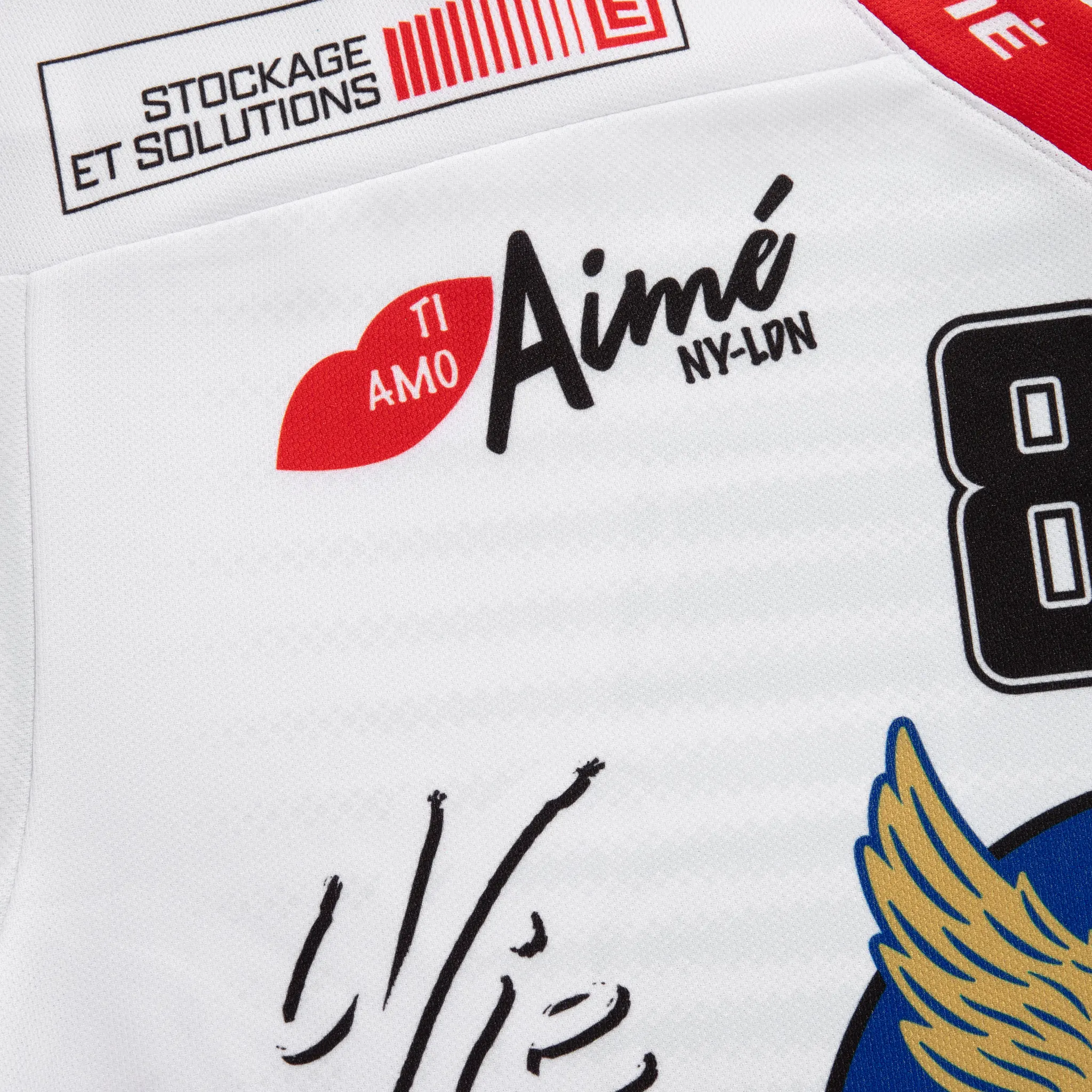 Detail view of Aime Leon Dore White Team Hockey Jersey