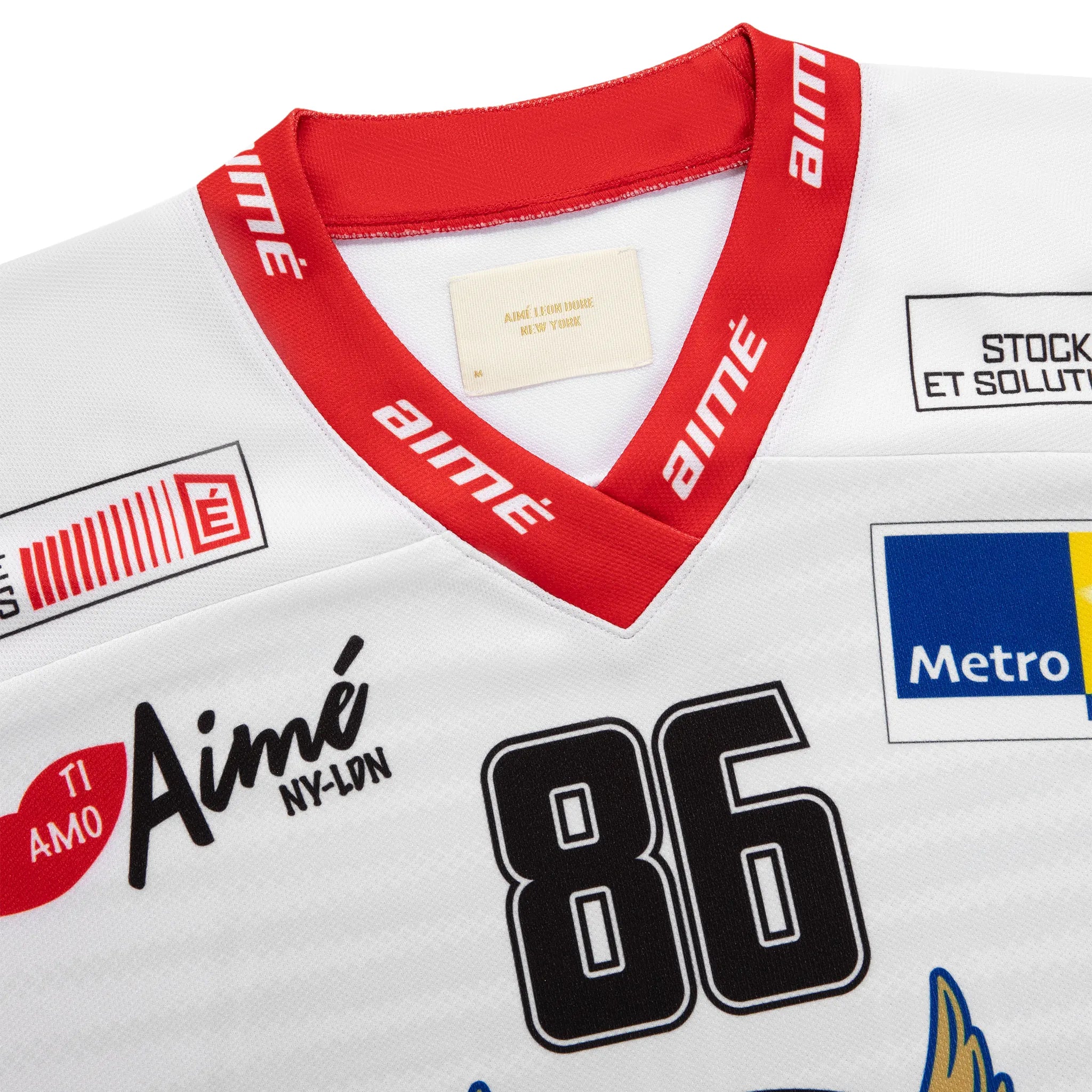 Detail view of Aime Leon Dore White Team Hockey Jersey