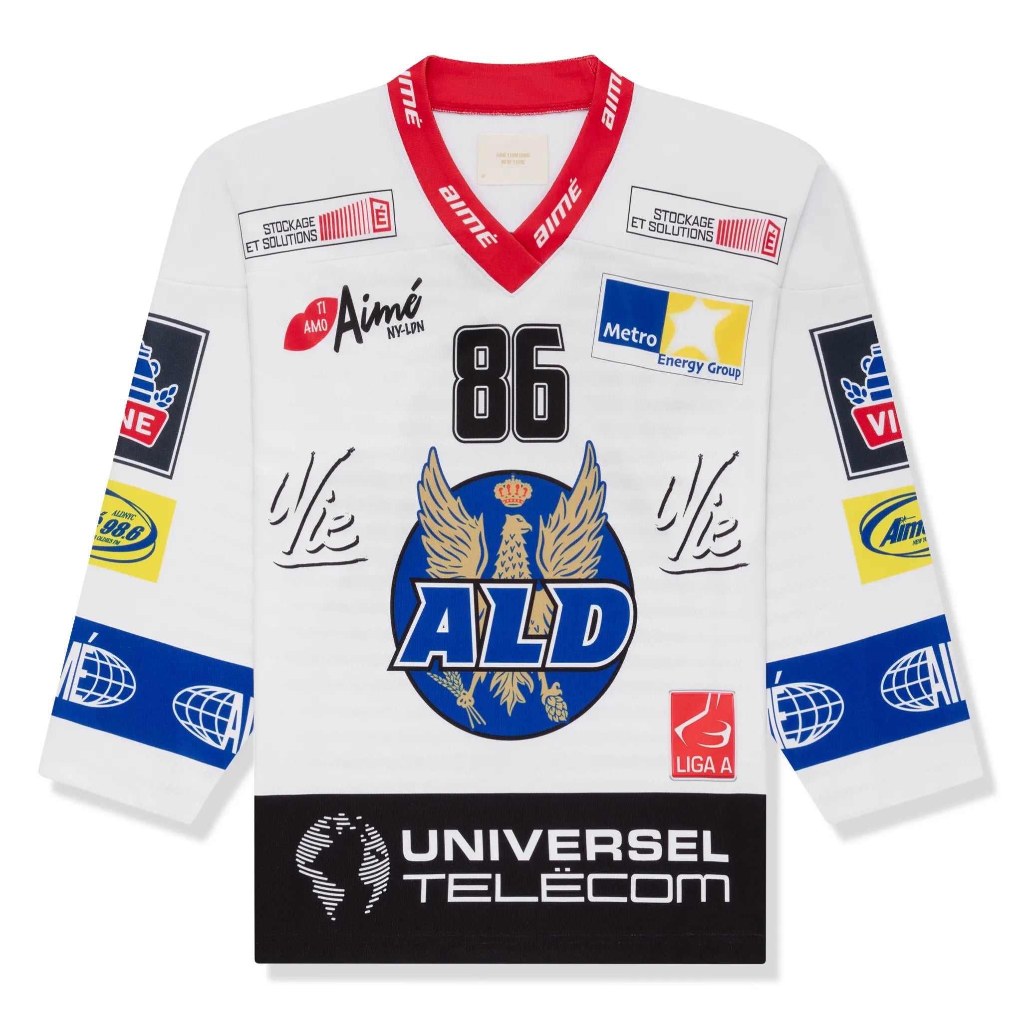 Front view of Aime Leon Dore White Team Hockey Jersey