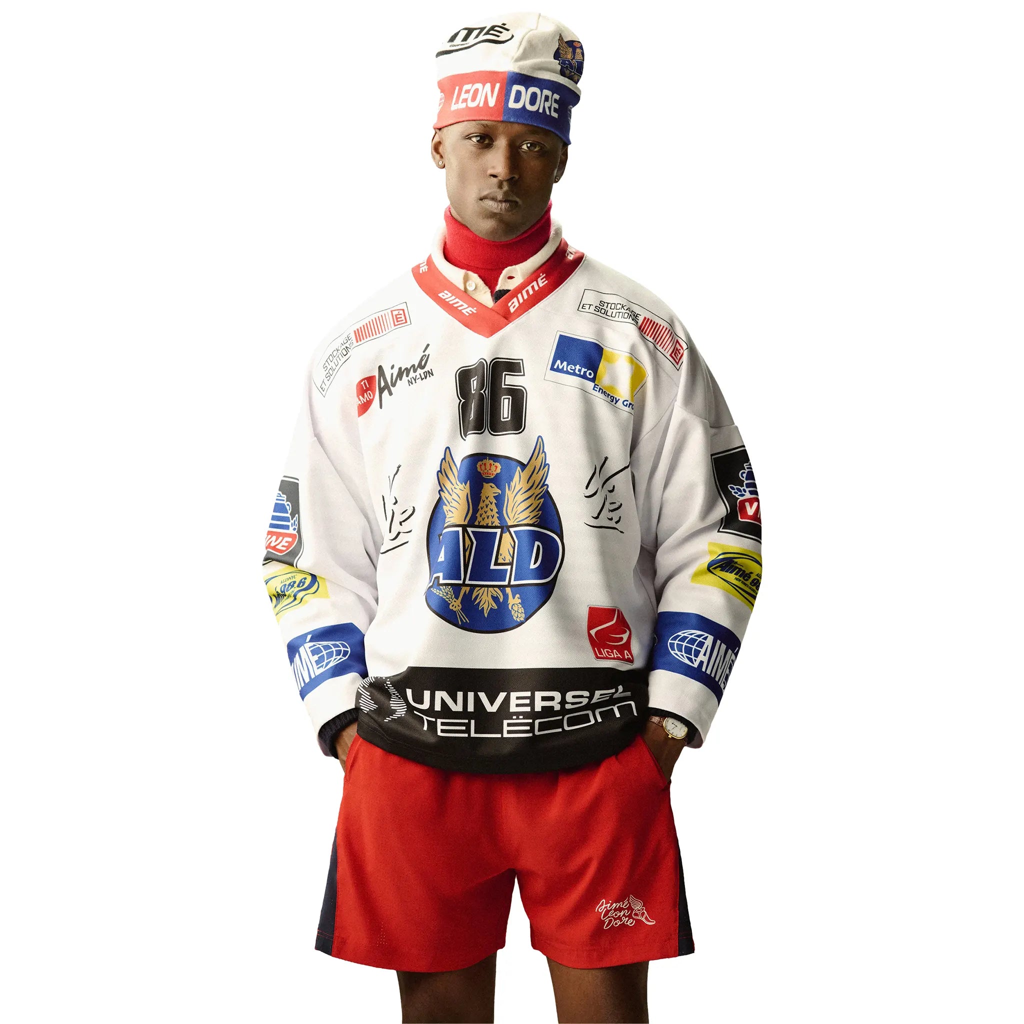 Model view of Aime Leon Dore White Team Hockey Jersey