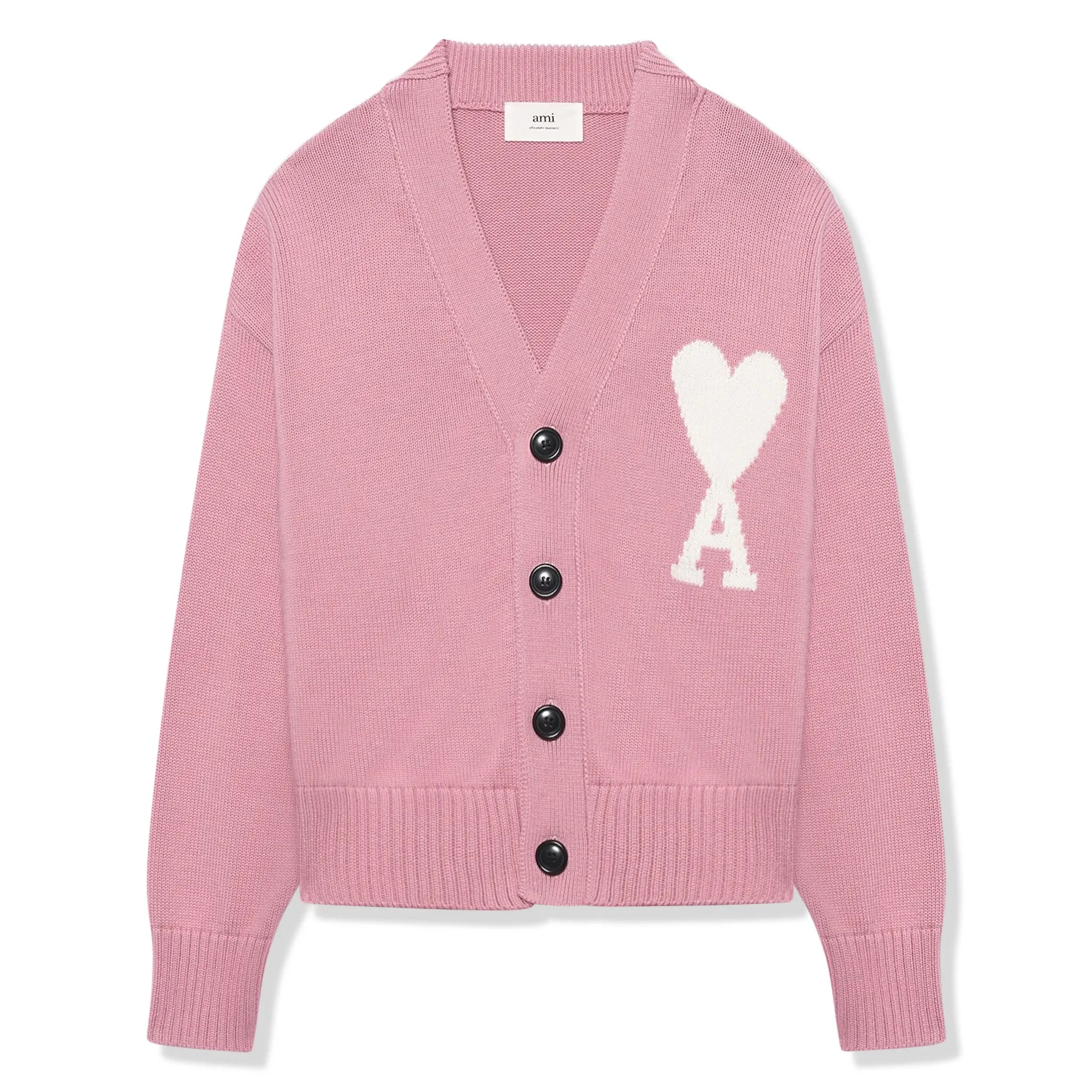 Front view of Ami Paris Ami De Coeur ADC Pink White Cardigan E22UKC003 016 659