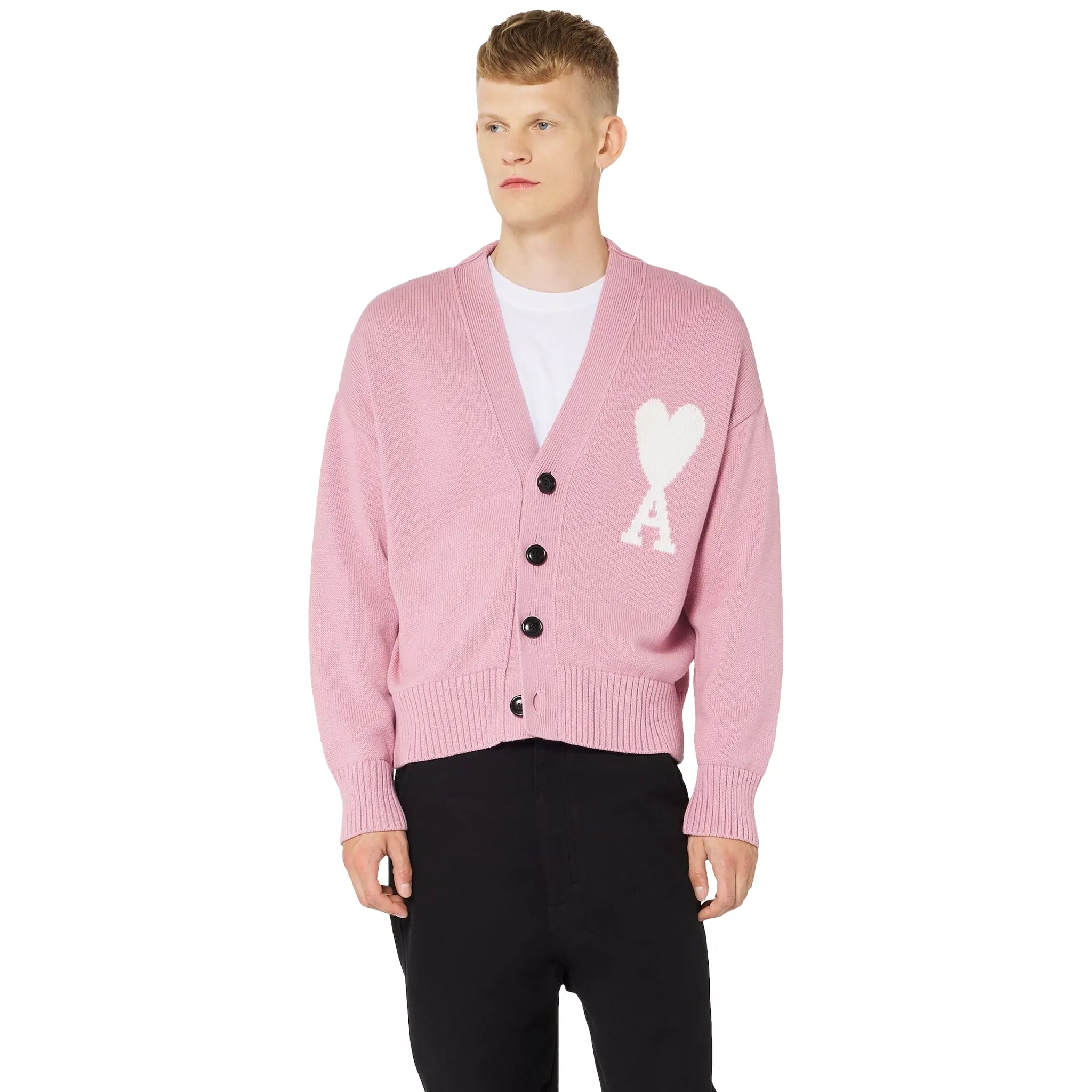 Model Front view of Ami Paris Ami De Coeur ADC Pink White Cardigan E22UKC003 016 659