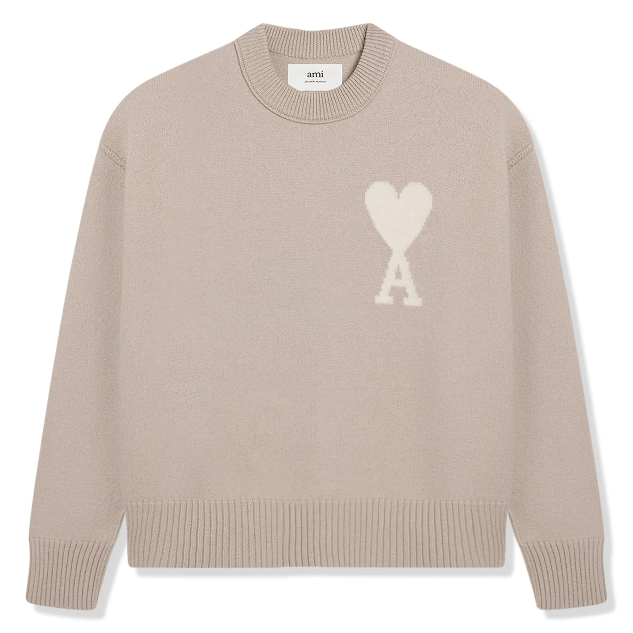 Front view of Ami Paris Off White Ami De Coeur Logo Intarsia Beige Sweatshirt E22UKS003016252