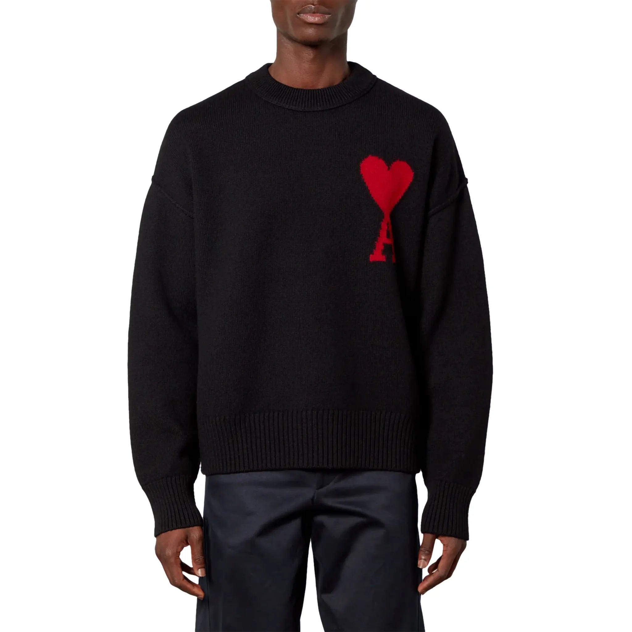 Ami Paris Red Ami De Coeur Logo Intarsia Off Black Sweatshirt