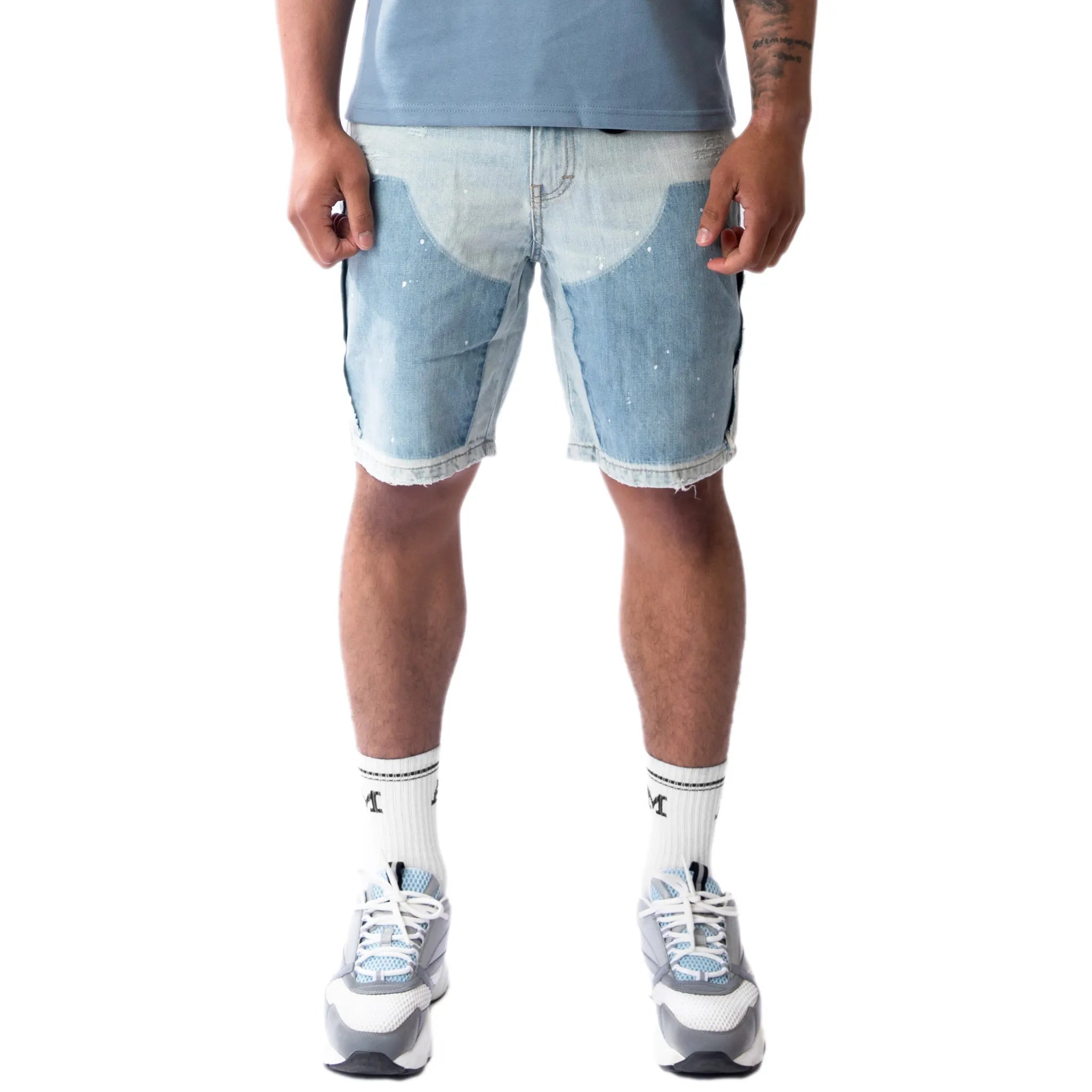 Front Detail view of Amicci Adrano Light Blue Carpenter Shorts