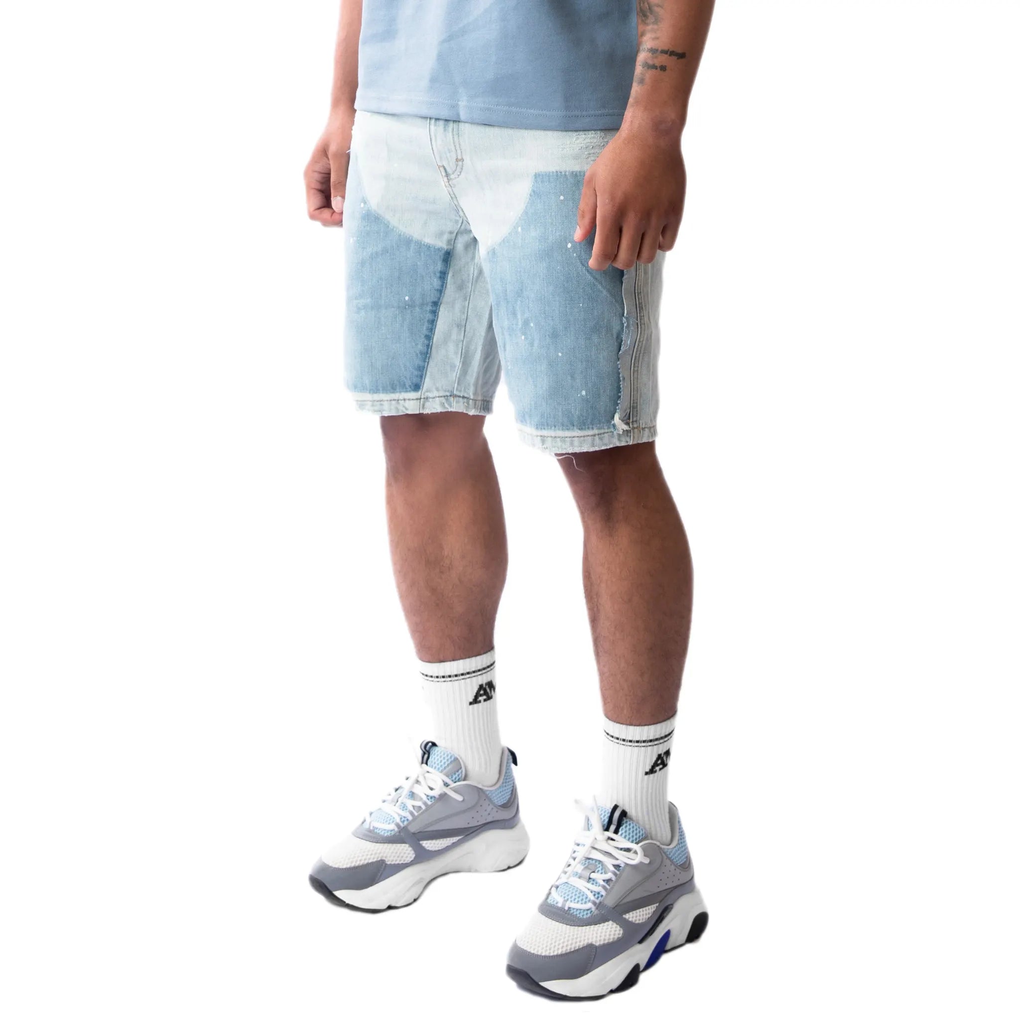 Front Side Detail view of Amicci Adrano Light Blue Carpenter Shorts