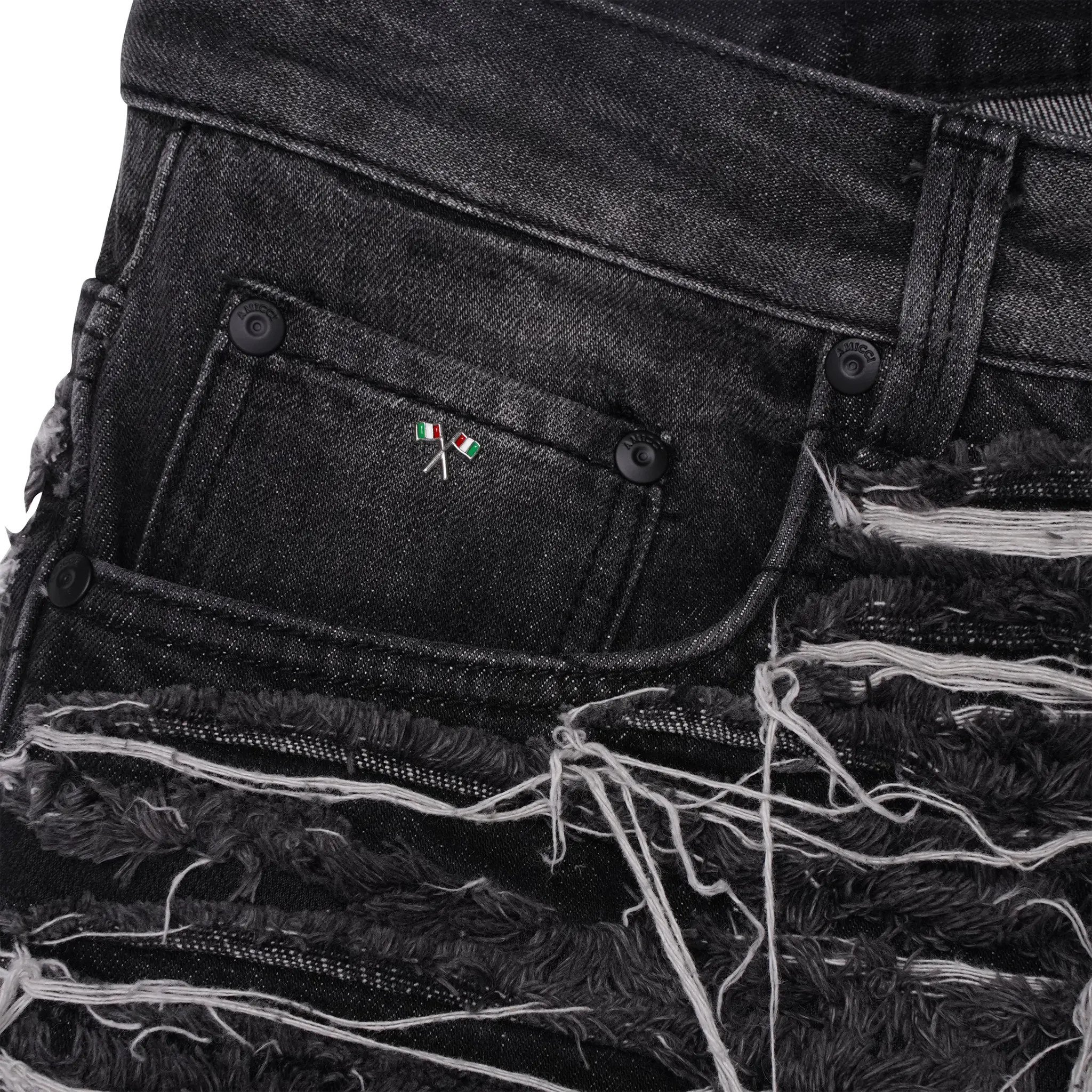 Pocket detail view of Amicci Sassari Frayed Denim Black Shorts