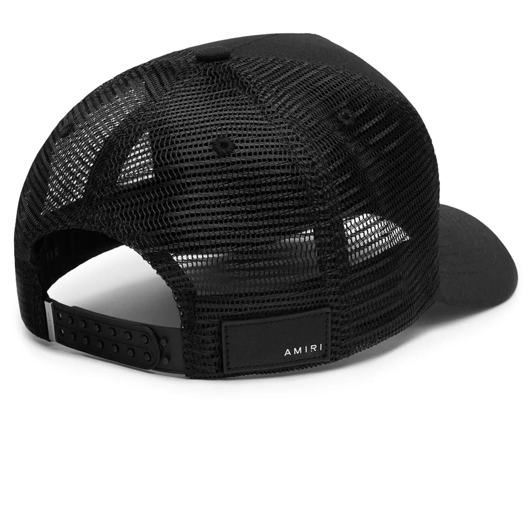 Back side view of Amiri Arts District Black Trucker Cap PXMAH001-001