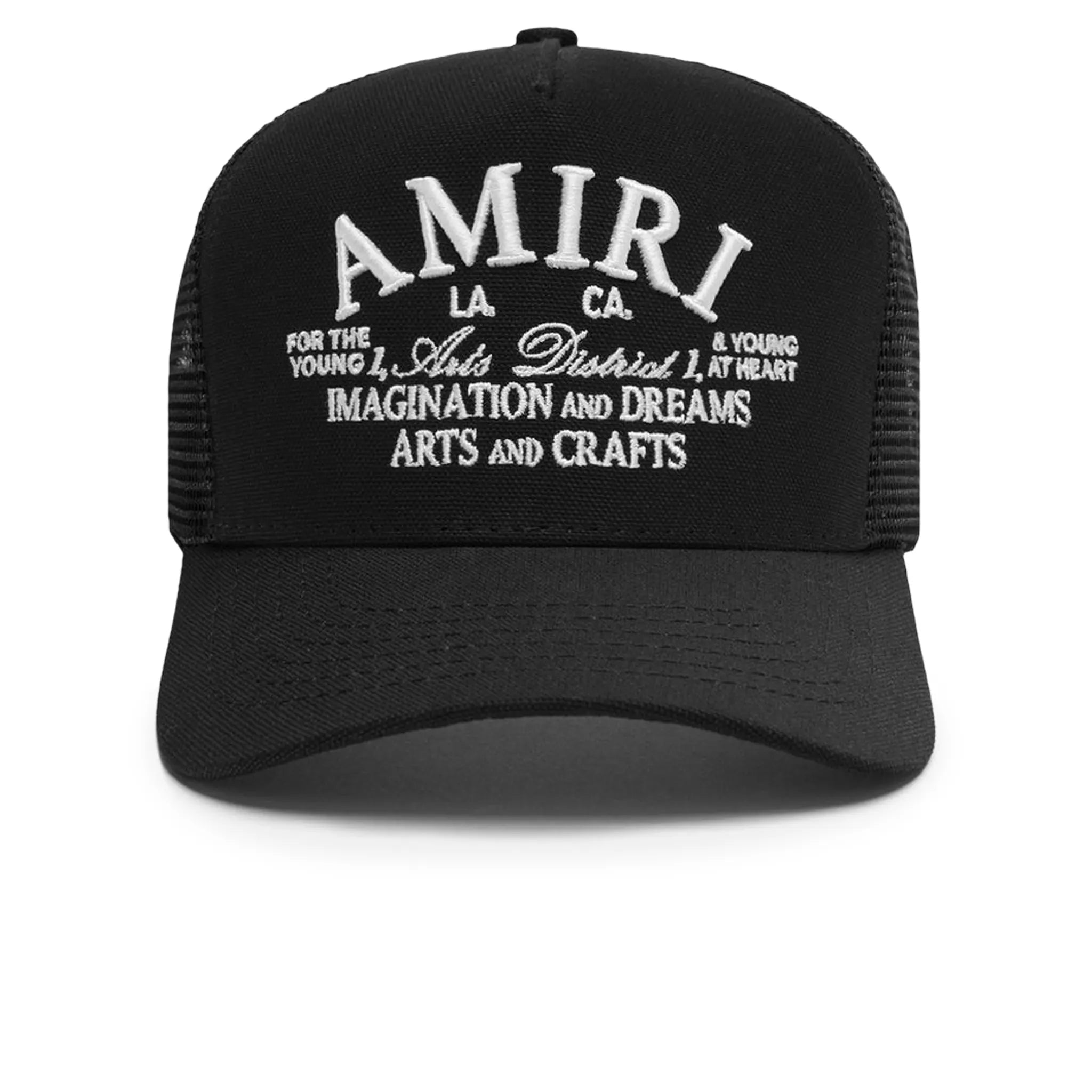 Front view of Amiri Arts District Black Trucker Cap PXMAH001-001