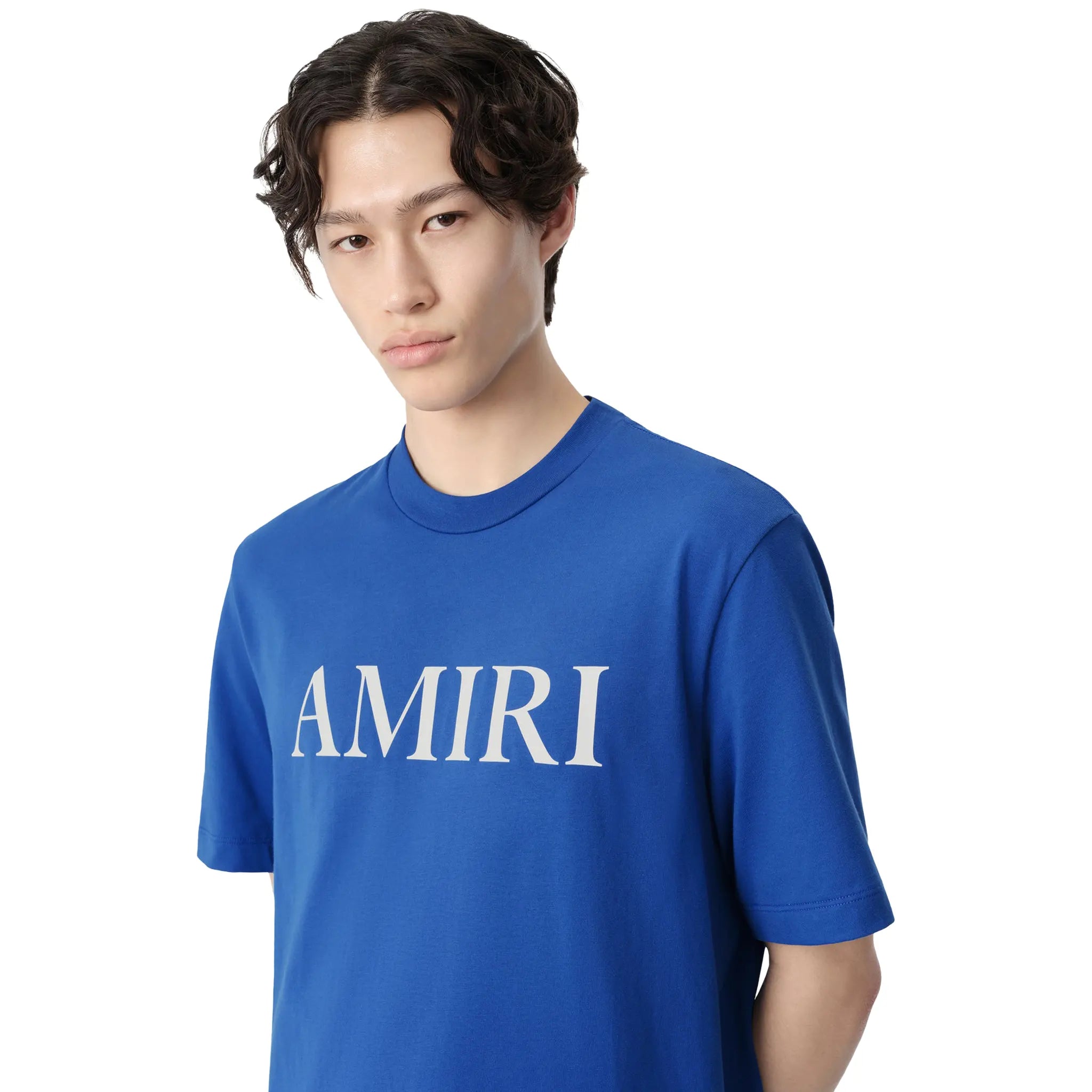 Model detail view of Amiri Core Logo Blue T Shirt AMJYTE1073-420