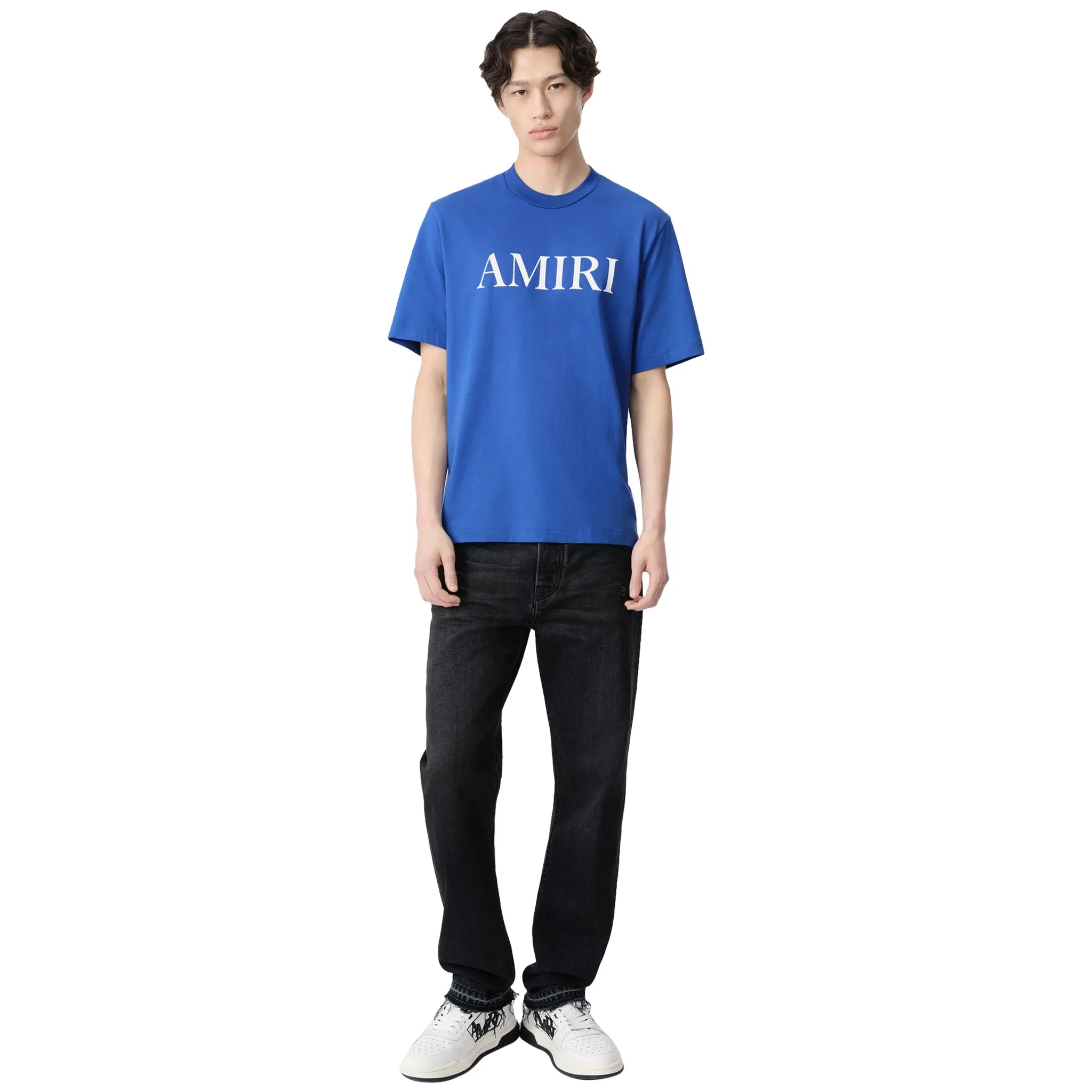 Model front view of Amiri Core Logo Blue T Shirt AMJYTE1073-420