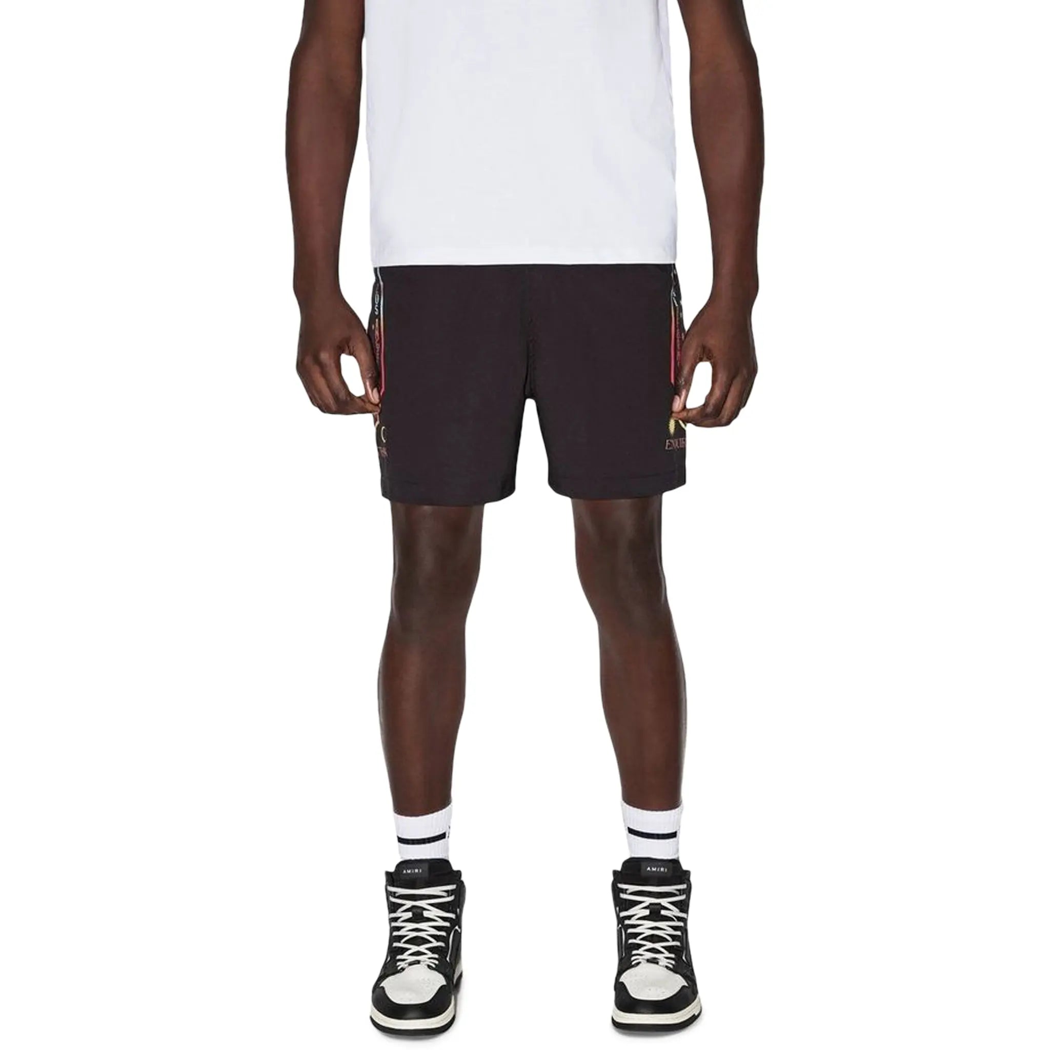 Model front view of Amiri Fortune Black Swim Shorts PS23MSB004-001