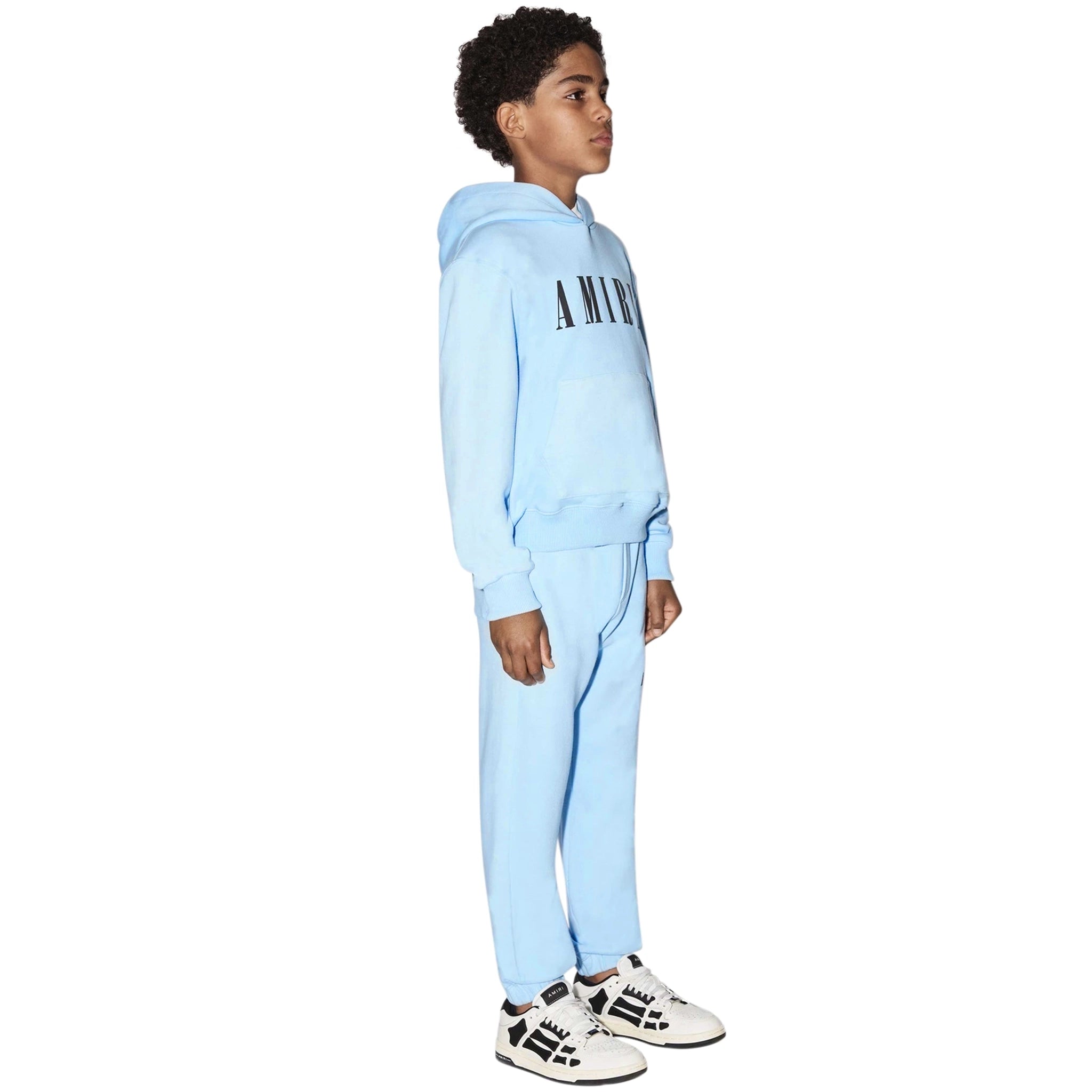 Model side view of Amiri Kids 'Amiri' Baby Blue Hoodie PF22KJL001-853