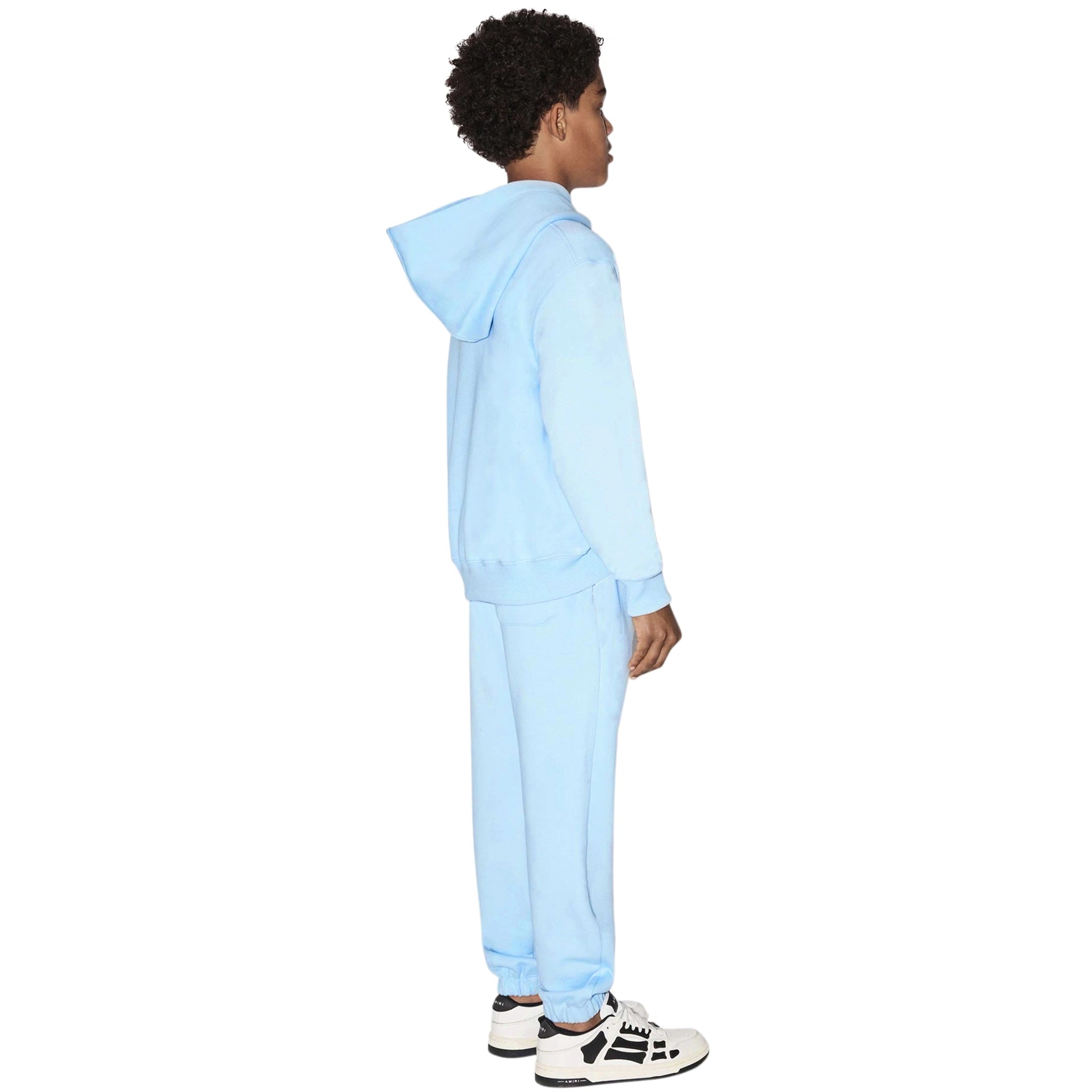 Model back view of Amiri Kids 'Amiri' Baby Blue Hoodie PF22KJL001-853