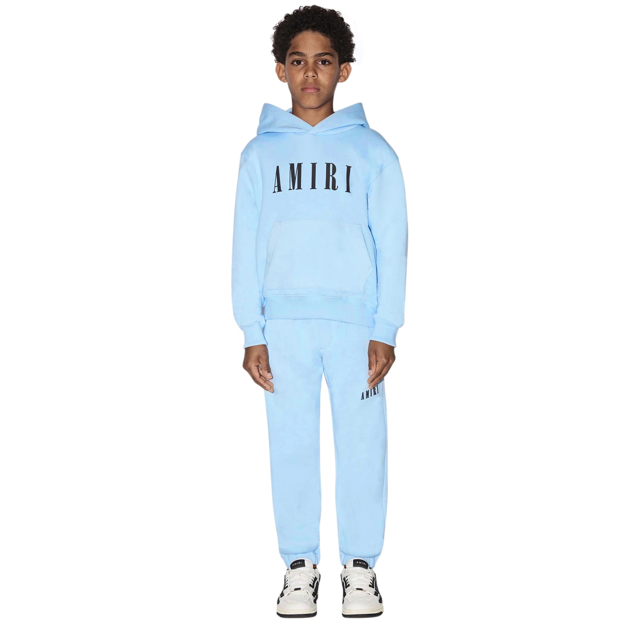 Model front view of Amiri Kids 'Amiri' Baby Blue Hoodie PF22KJL001-853