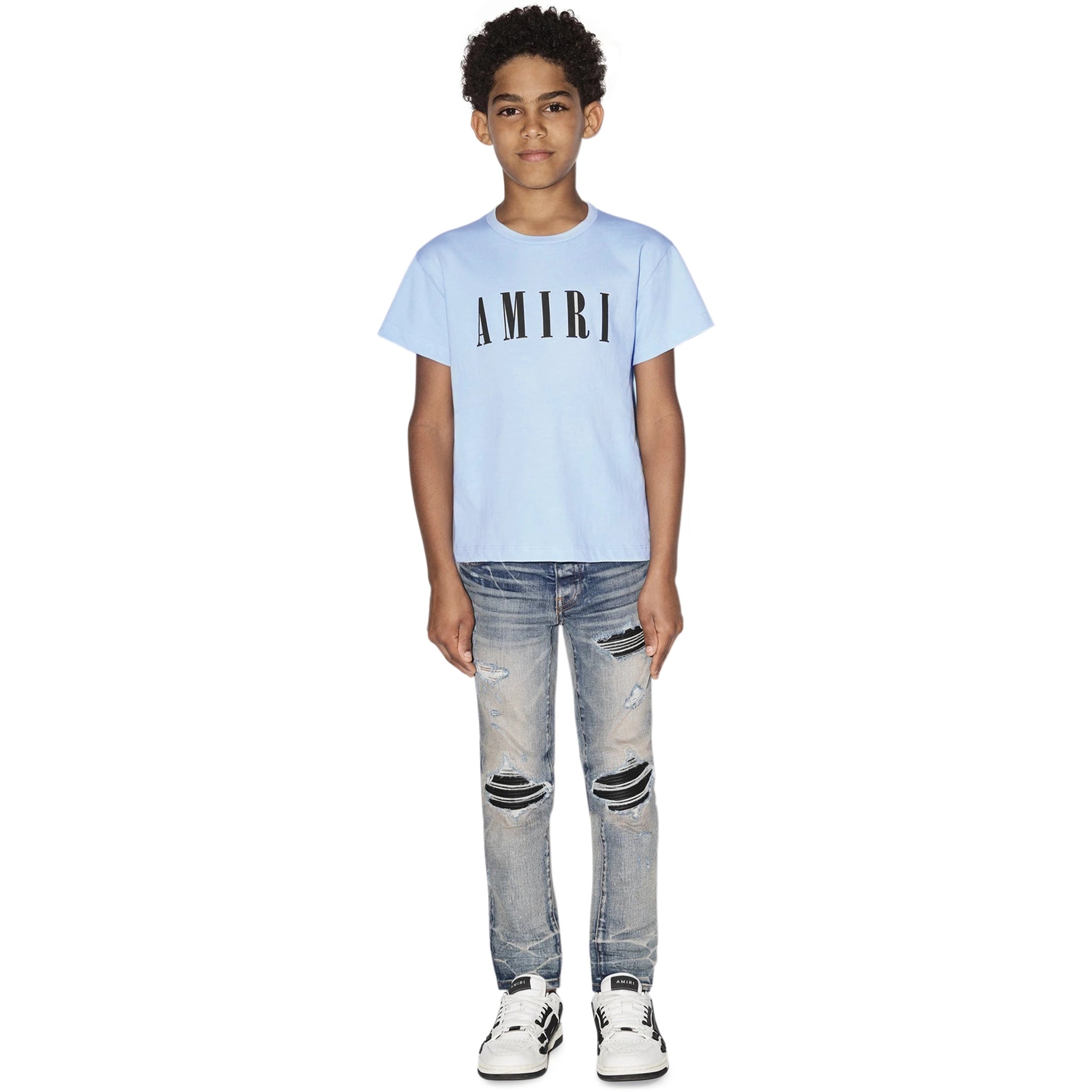 Model front view of Amiri Kids 'Amiri' Baby Blue T Shirt PF22KJL013-853