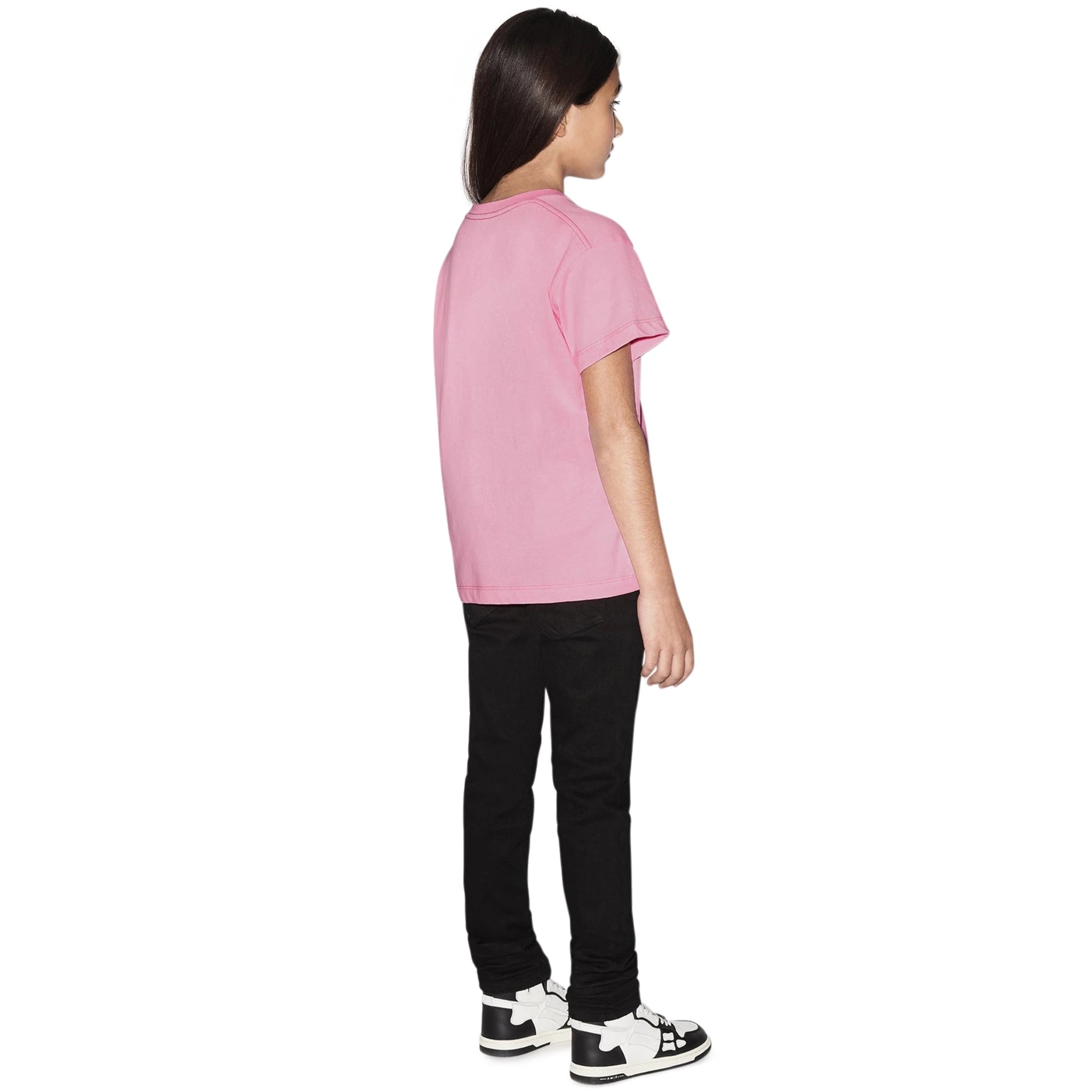 Model back view of Amiri Kids 'Amiri' Baby Pink T Shirt