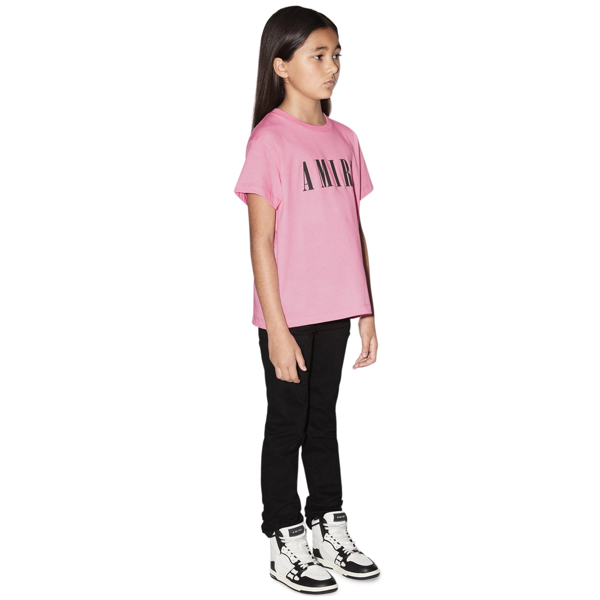 Model side view of Amiri Kids 'Amiri' Baby Pink T Shirt