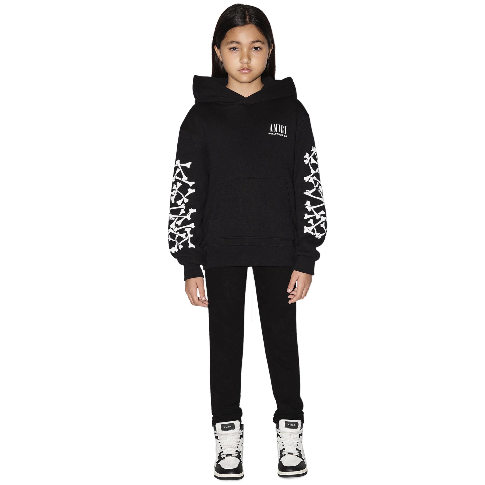 Model front view of Amiri Kids Bones Black Hoodie PF22KJL008-001