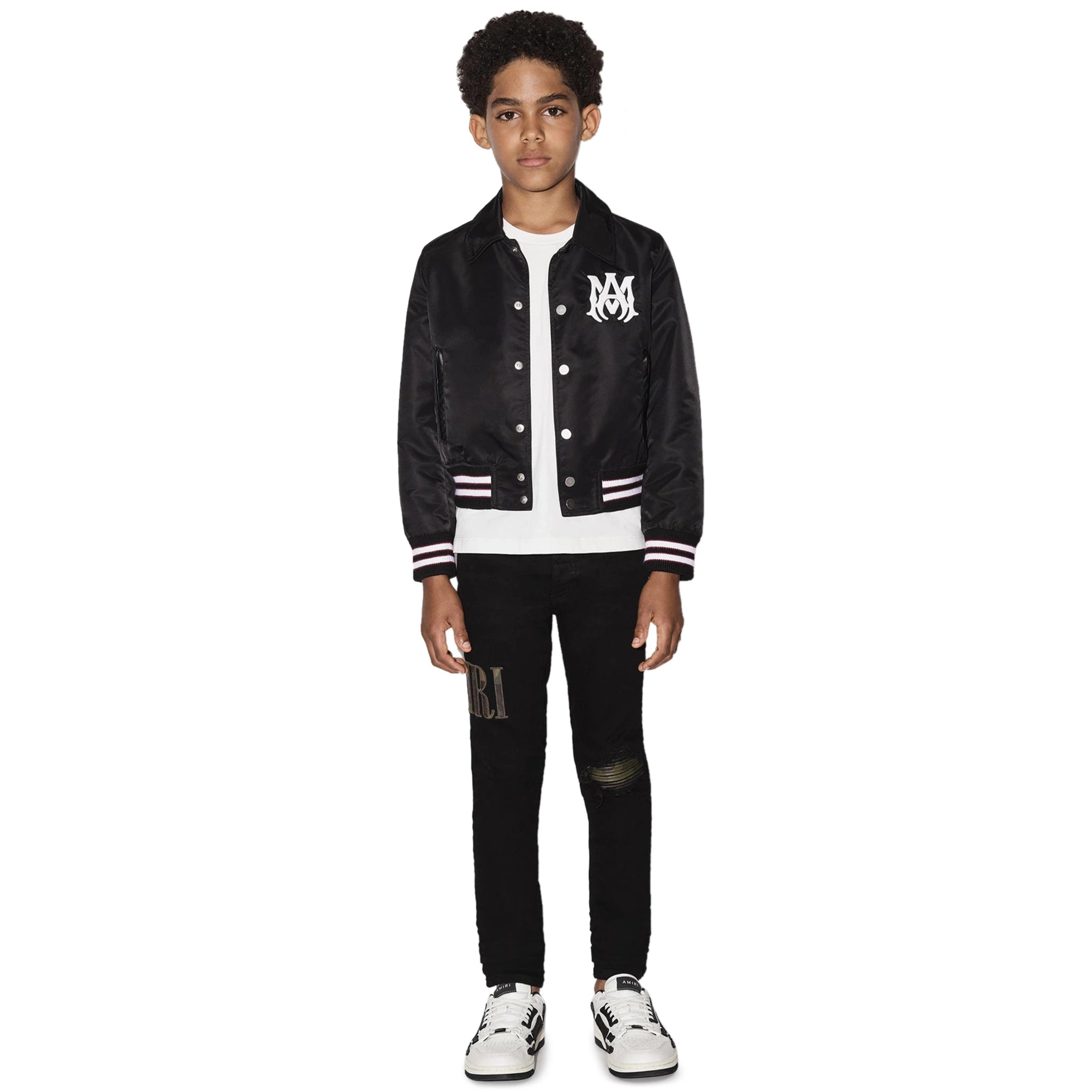 Model front view of Amiri Kids Ma Black Coach Jacket PF22KOW001-001