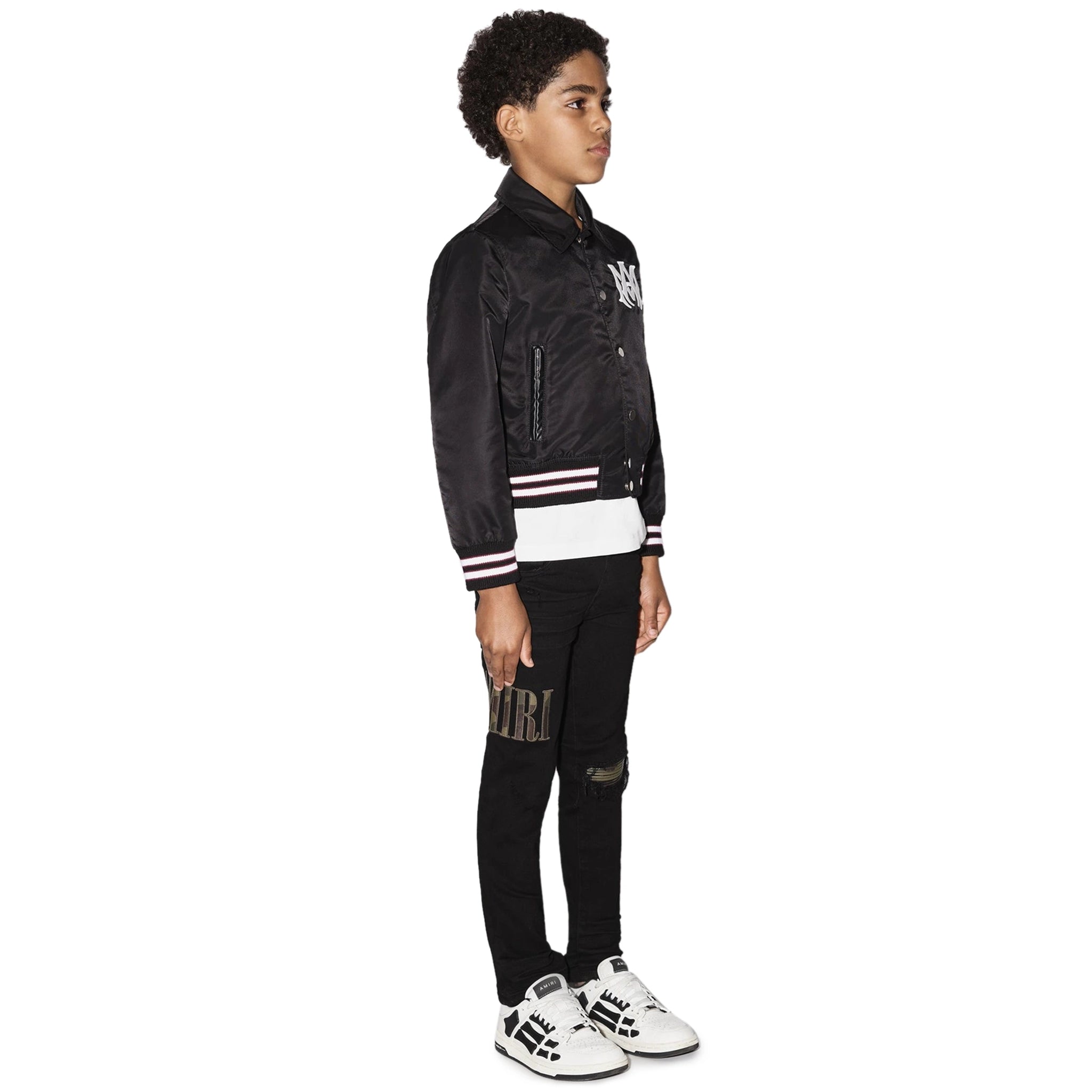 Model front view of Amiri Kids Ma Black Coach Jacket PF22KOW001-001