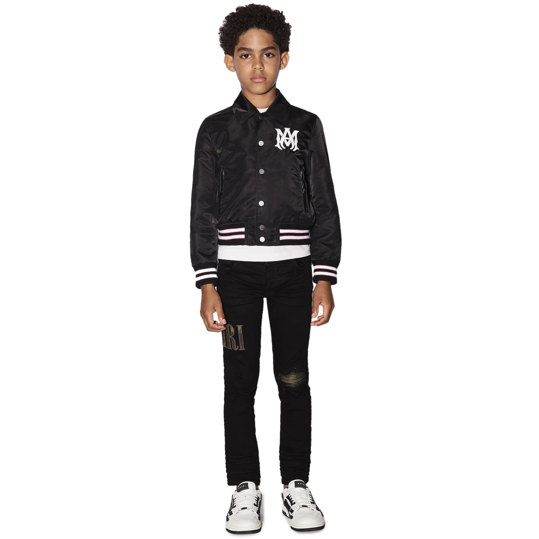 Model front view of Amiri Kids Ma Black Coach Jacket PF22KOW001-001