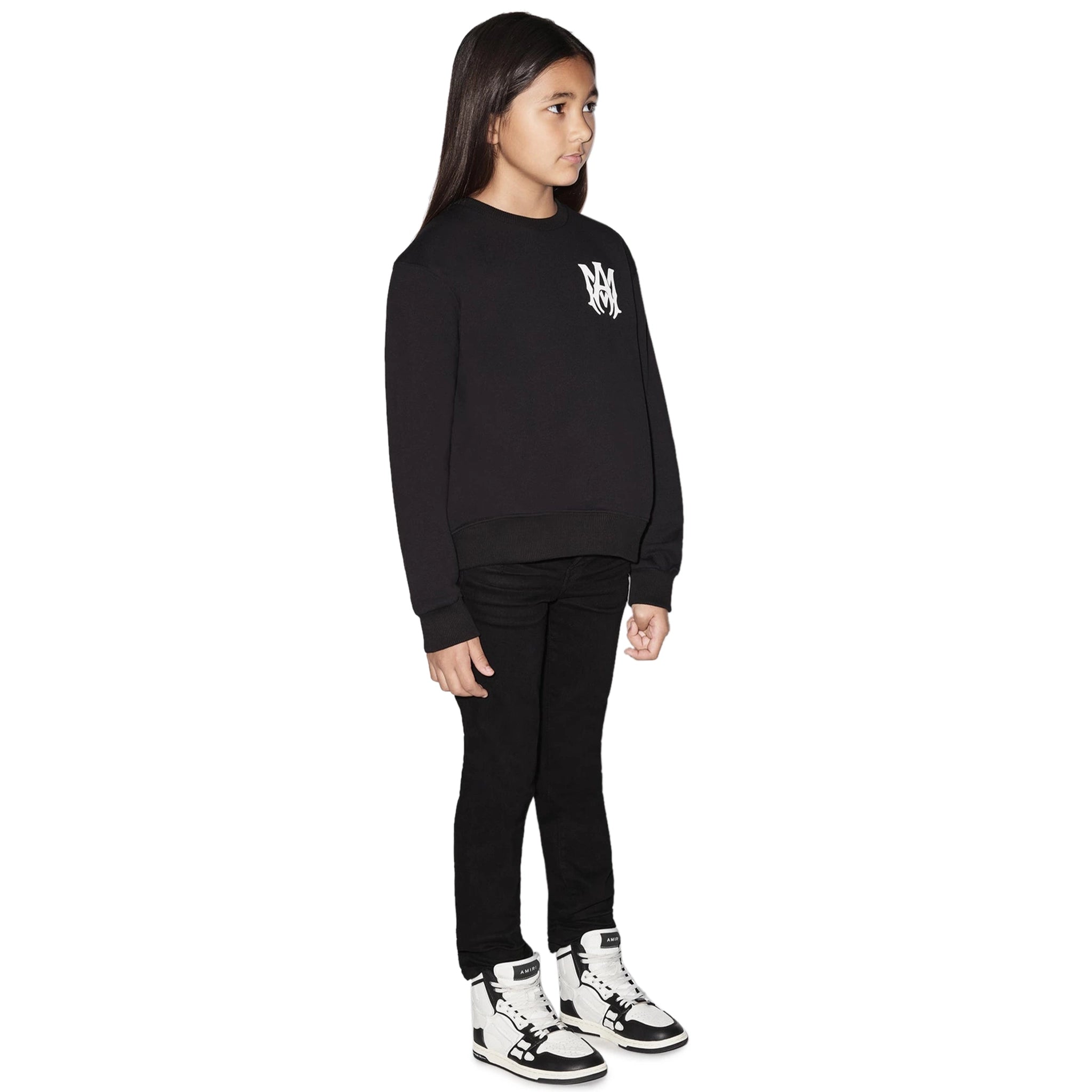 Model side view of Amiri Kids MA Black Sweatshirt PF22KJL005-001